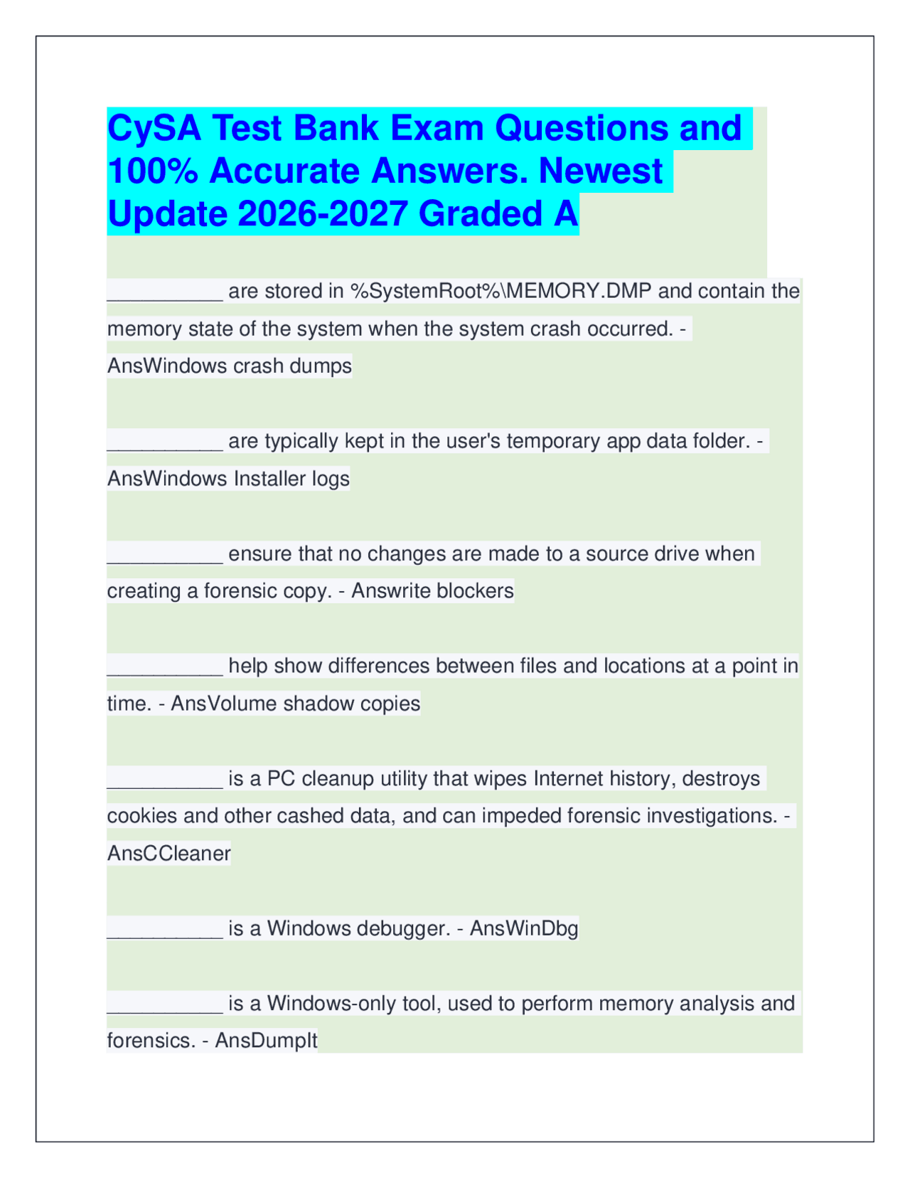 CySA Test Bank Exam Questions & Answers. Newest Update 2026-2027 Graded ...