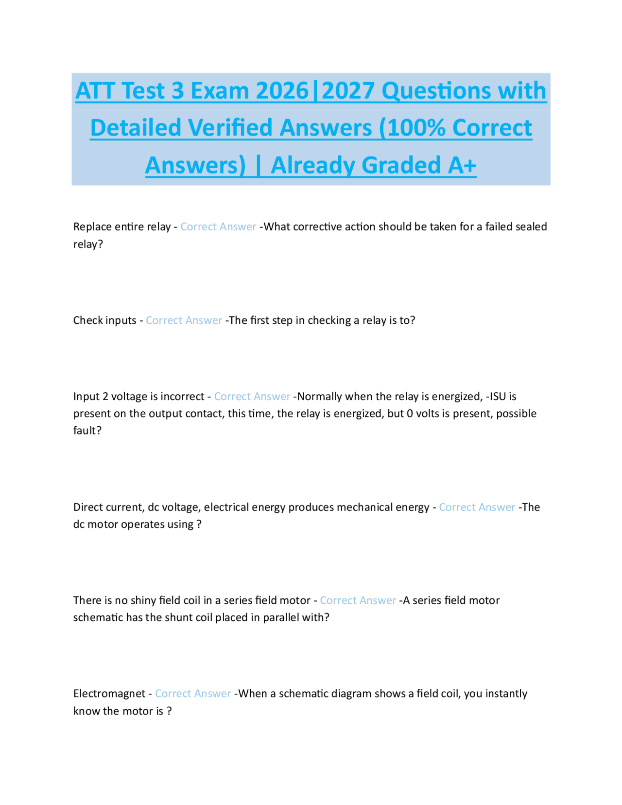 ATT Test 3 Exam 2026|2027 Questions with Detailed Verified Answers (100 ...
