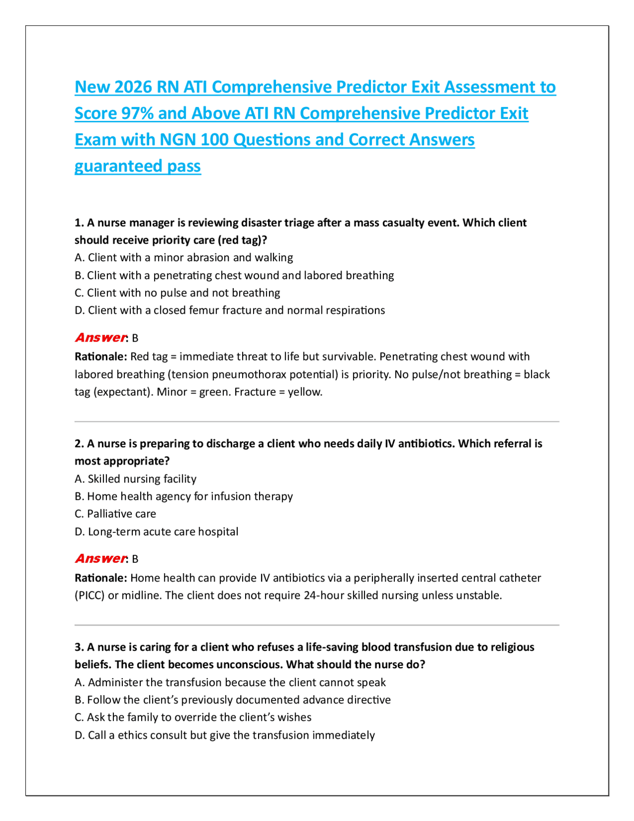 New 2026 RN ATI Comprehensive Predictor Exit Assessment to Score 97% ...