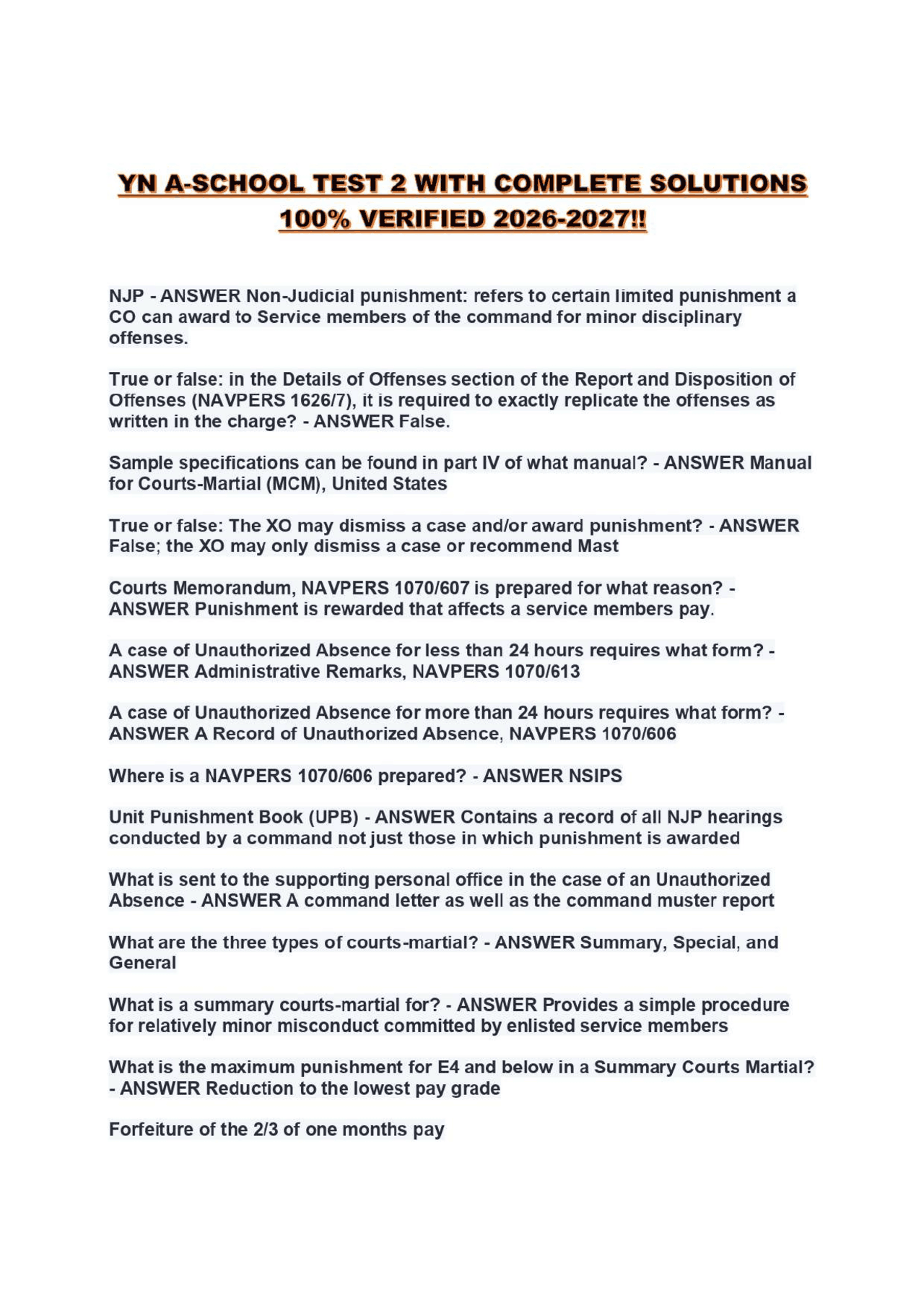Gyaschool Elearning Test YN A-SCHOOL TEST 2 WITH COMPLETE SOLUTIONS 100% VERIFIED 2026-2027 ...