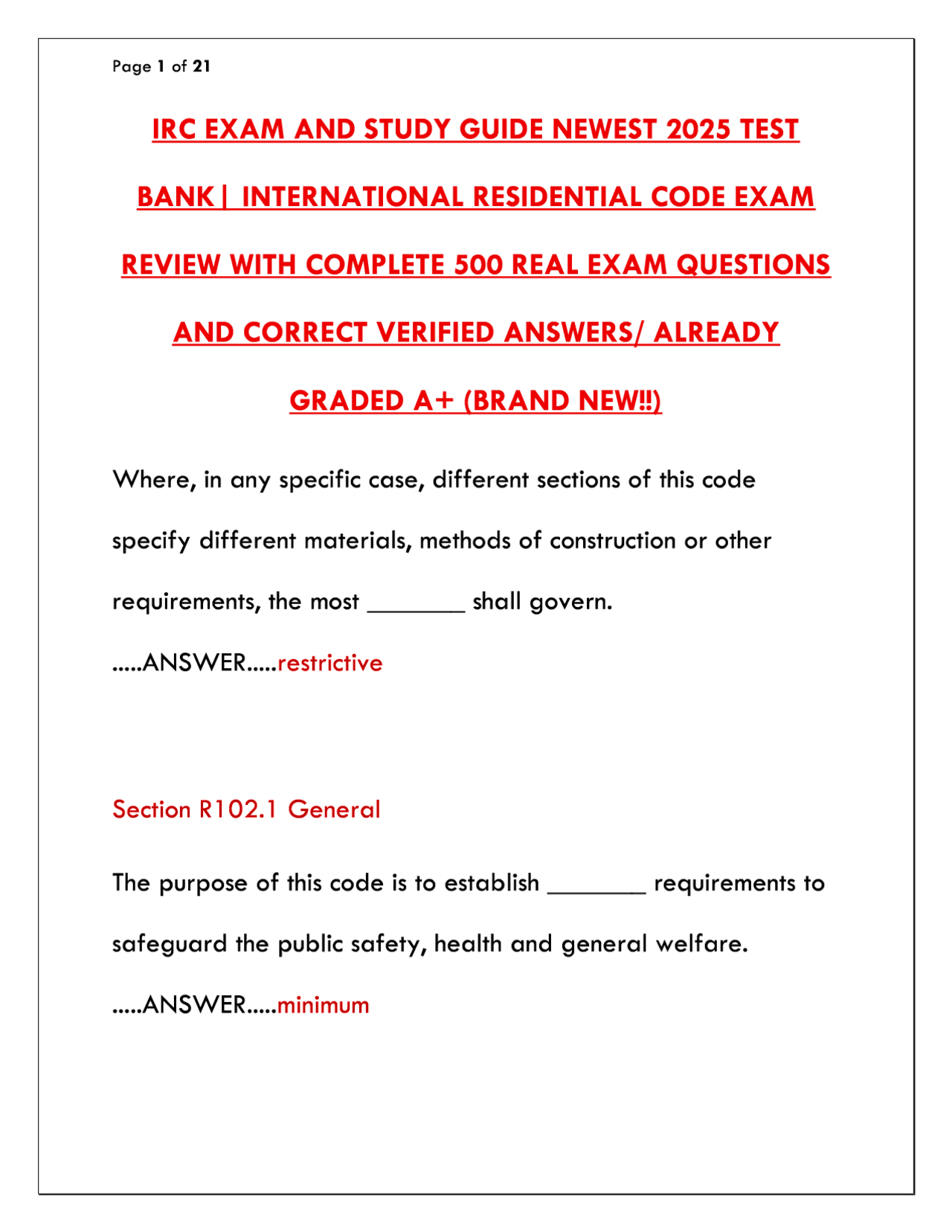 Irc Code Bank IRC International Residential Code Exam 2025/2026: 500 Question Test ...