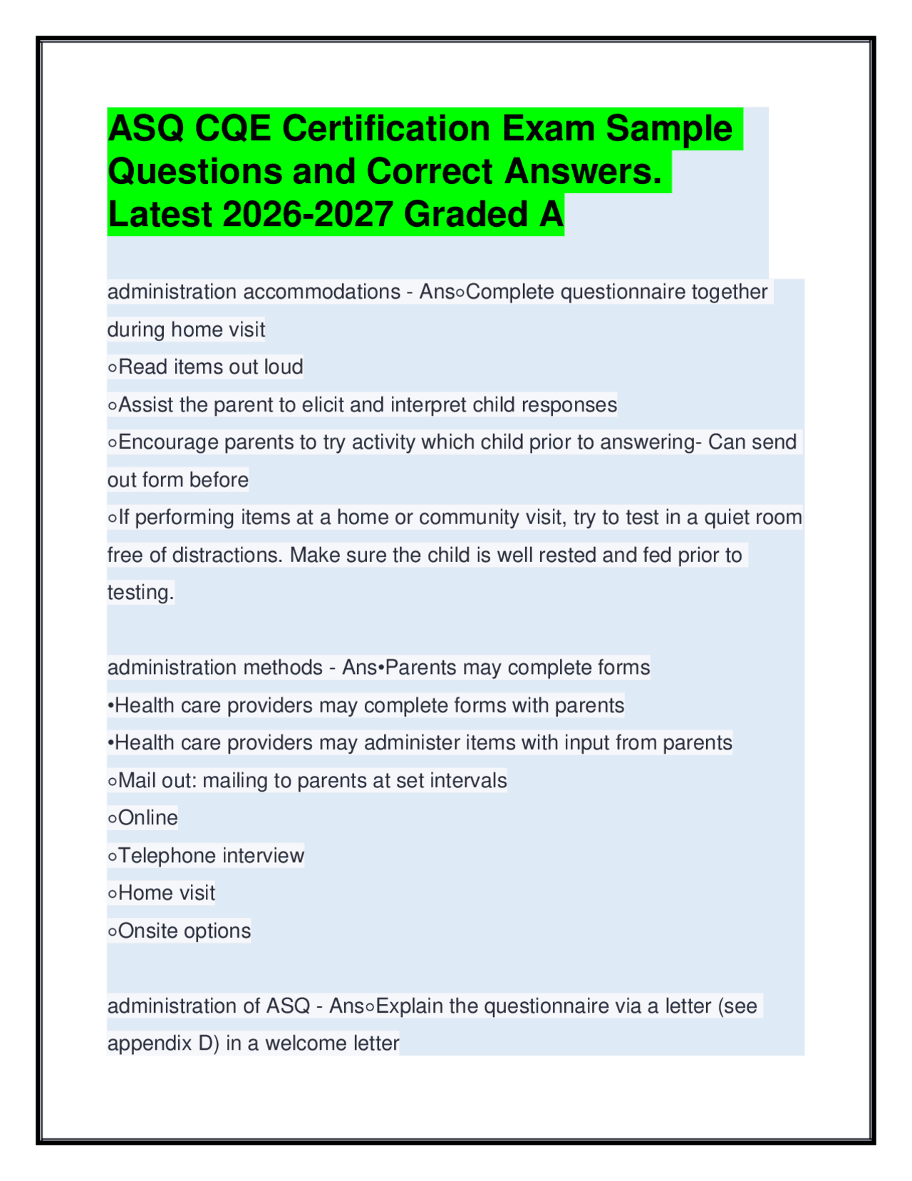 ASQ CQE Certification Exam Sample Questions& Answers. Latest 2026-2027 ...