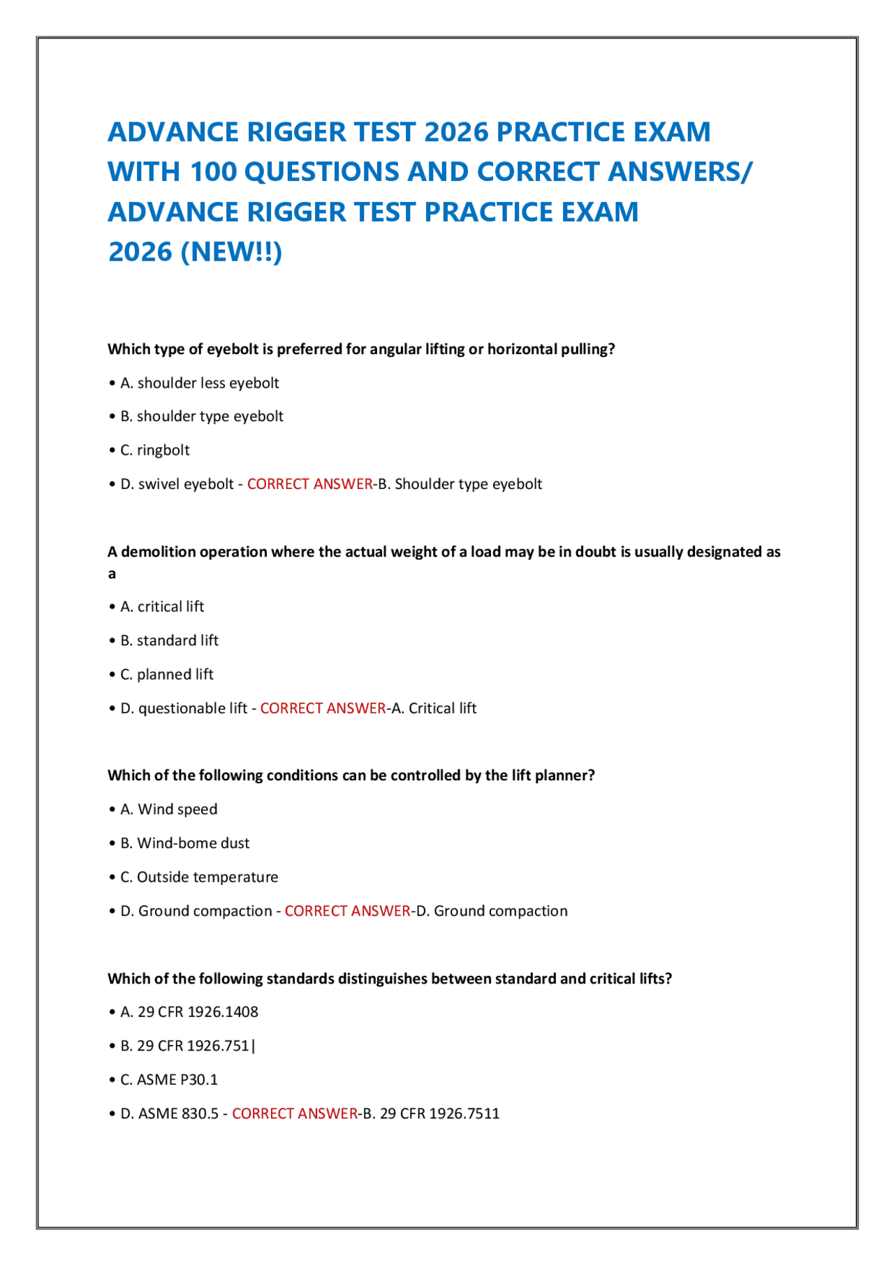 ADVANCE RIGGER TEST 2026 PRACTICE EXAM WITH 100 QUESTIONS AND CORRECT ANSWERS/ ADVANCE | Exams ...