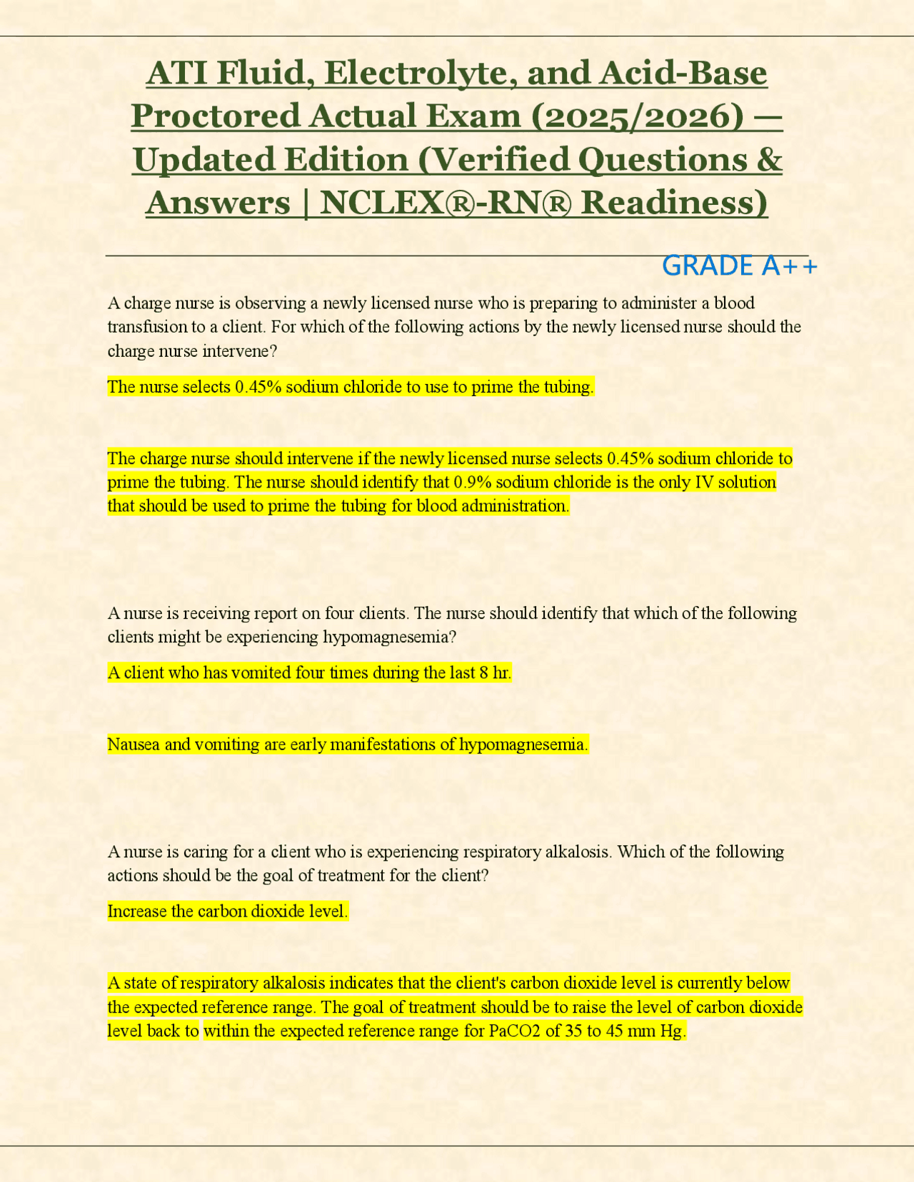 ATI Fluid, Electrolyte, and Acid-Base Proctored Actual Exam (2025/2026 ...
