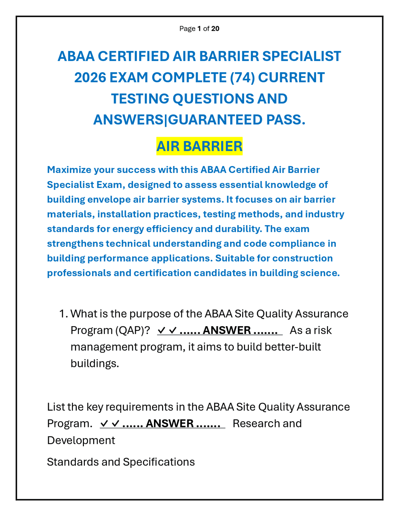 ABAA CERTIFIED AIR BARRIER SPECIALIST 2026 EXAM QUESTION AND ANSWER ...