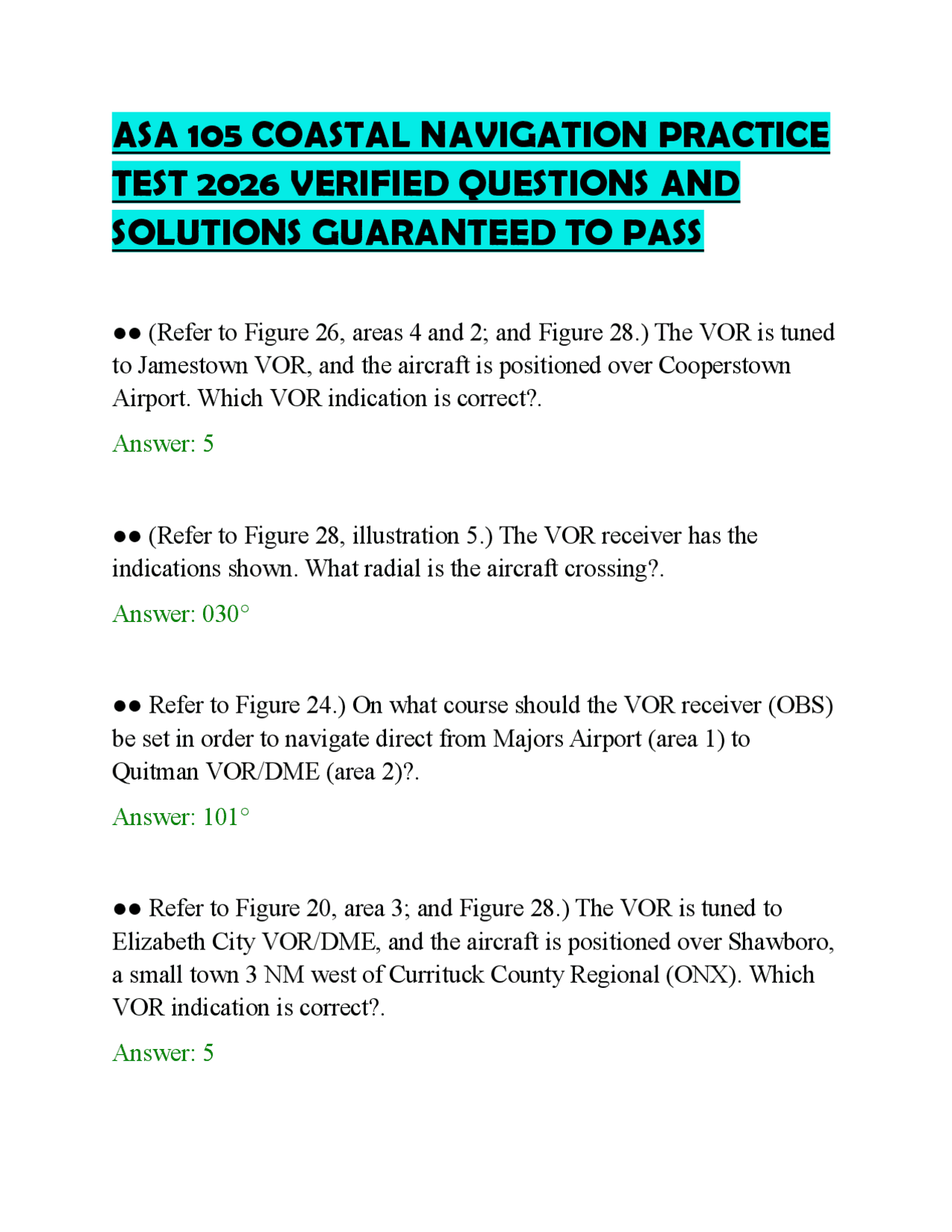 ASA 105 COASTAL NAVIGATION PRACTICE TEST 2026 VERIFIED QUESTIONS AND ...