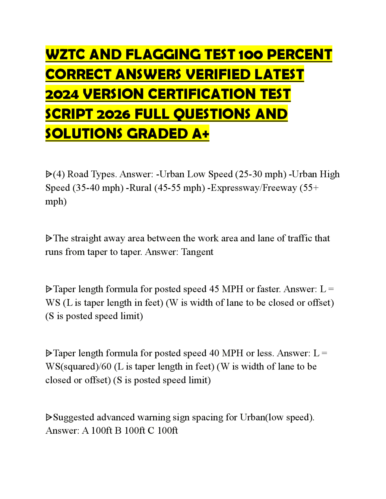WZTC AND FLAGGING TEST 100 PERCENT CORRECT ANSWERS VERIFIED LATEST 2024 ...