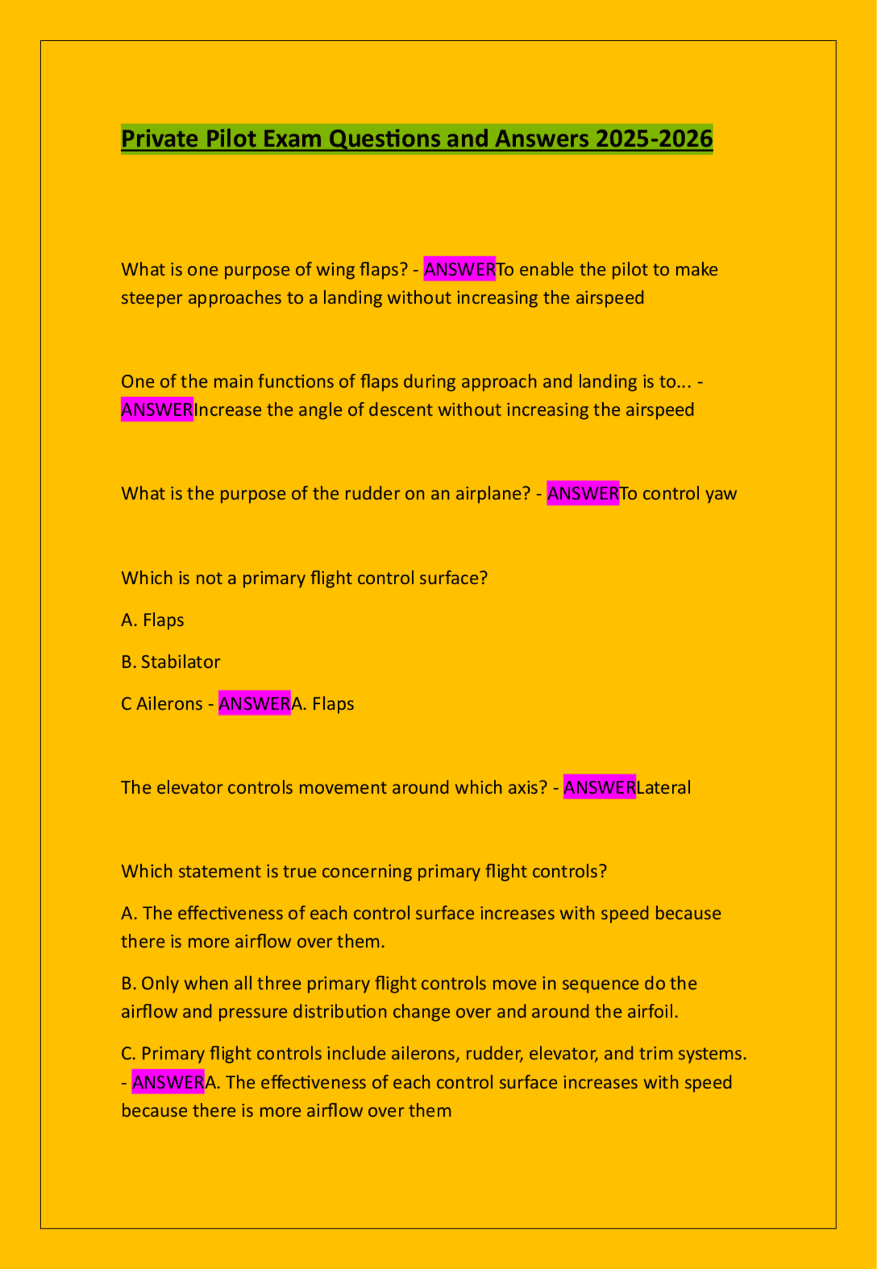 Private Pilot Exam Questions and Answers 2025-2026 | Exams Aviation ...