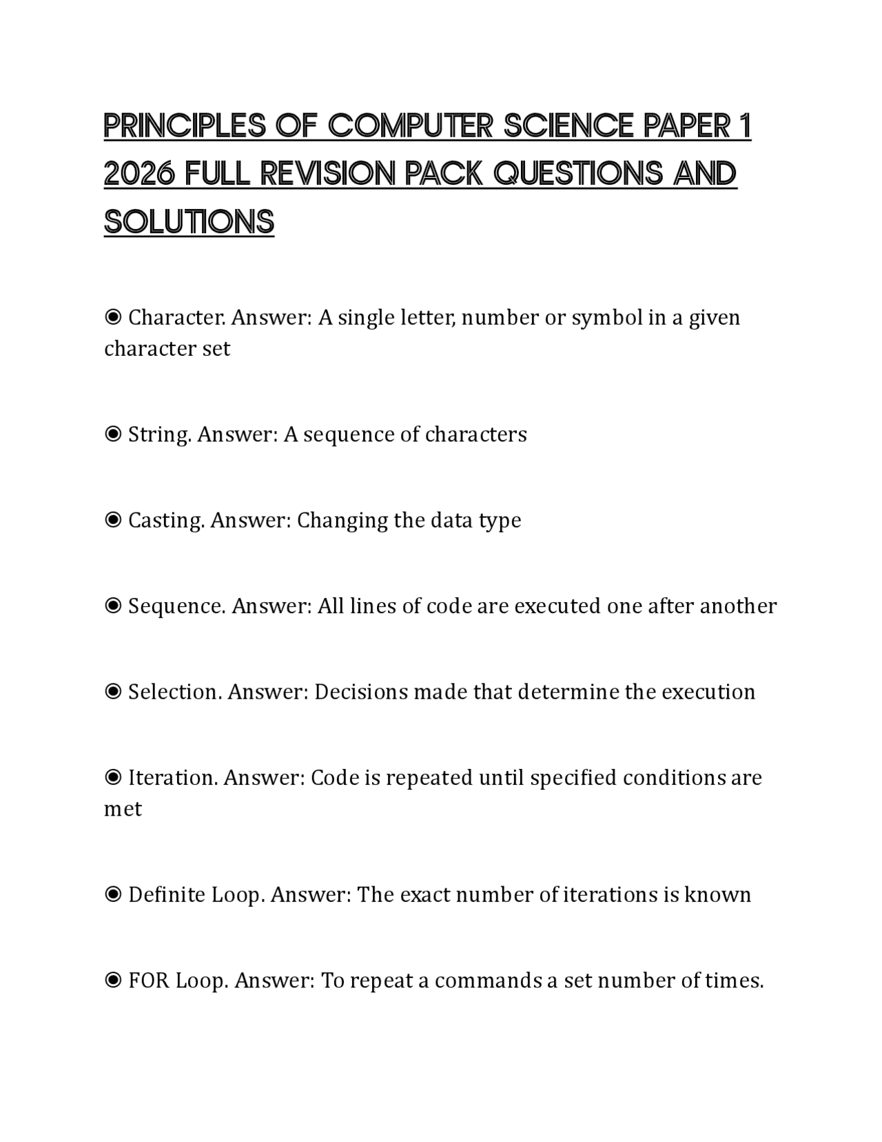Paper 1 Computer Science Topic PRINCIPLES OF COMPUTER SCIENCE PAPER 1 2026 FULL REVISION PACK ...