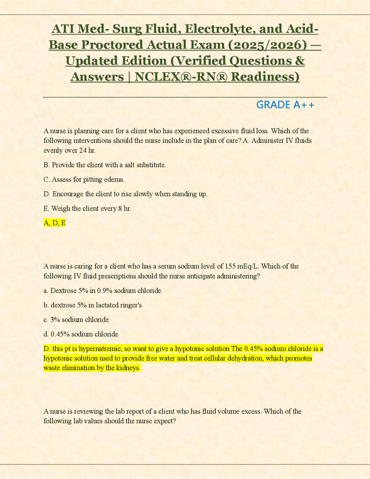 ATI Med- Surg Fluid, Electrolyte, and Acid Base Proctored Actual Exam ...