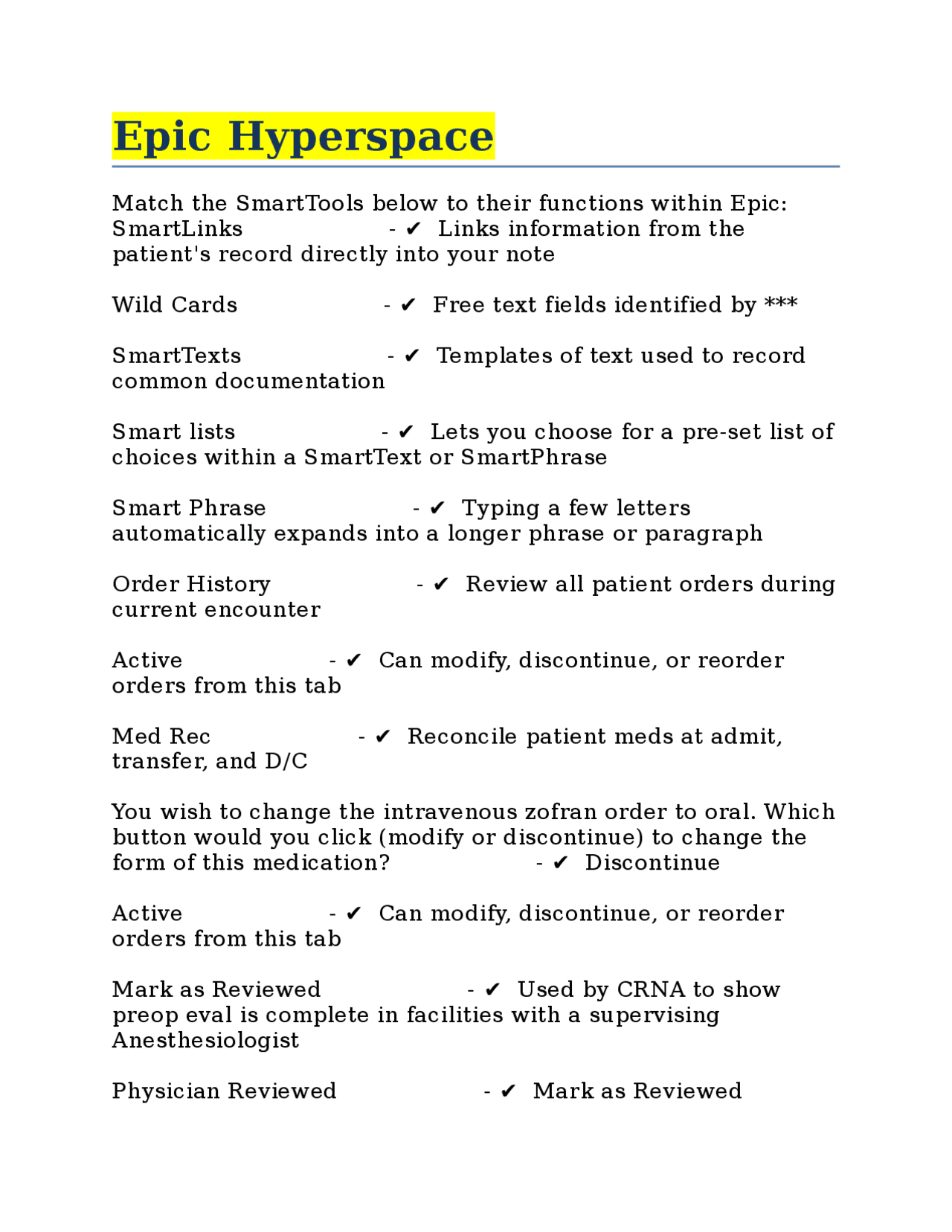 Epic Hyperspace – Questions & Answers | Exams Health sciences | Docsity