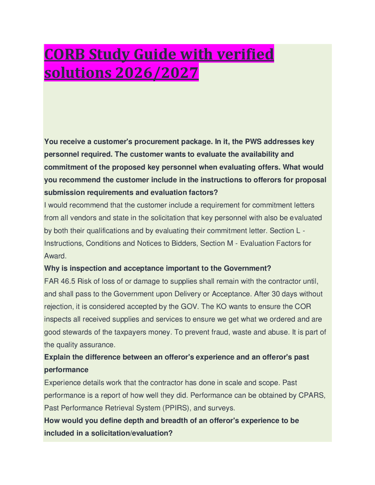 CORB Study Guide with verified solutions 2026/2027 | Exams Business ...
