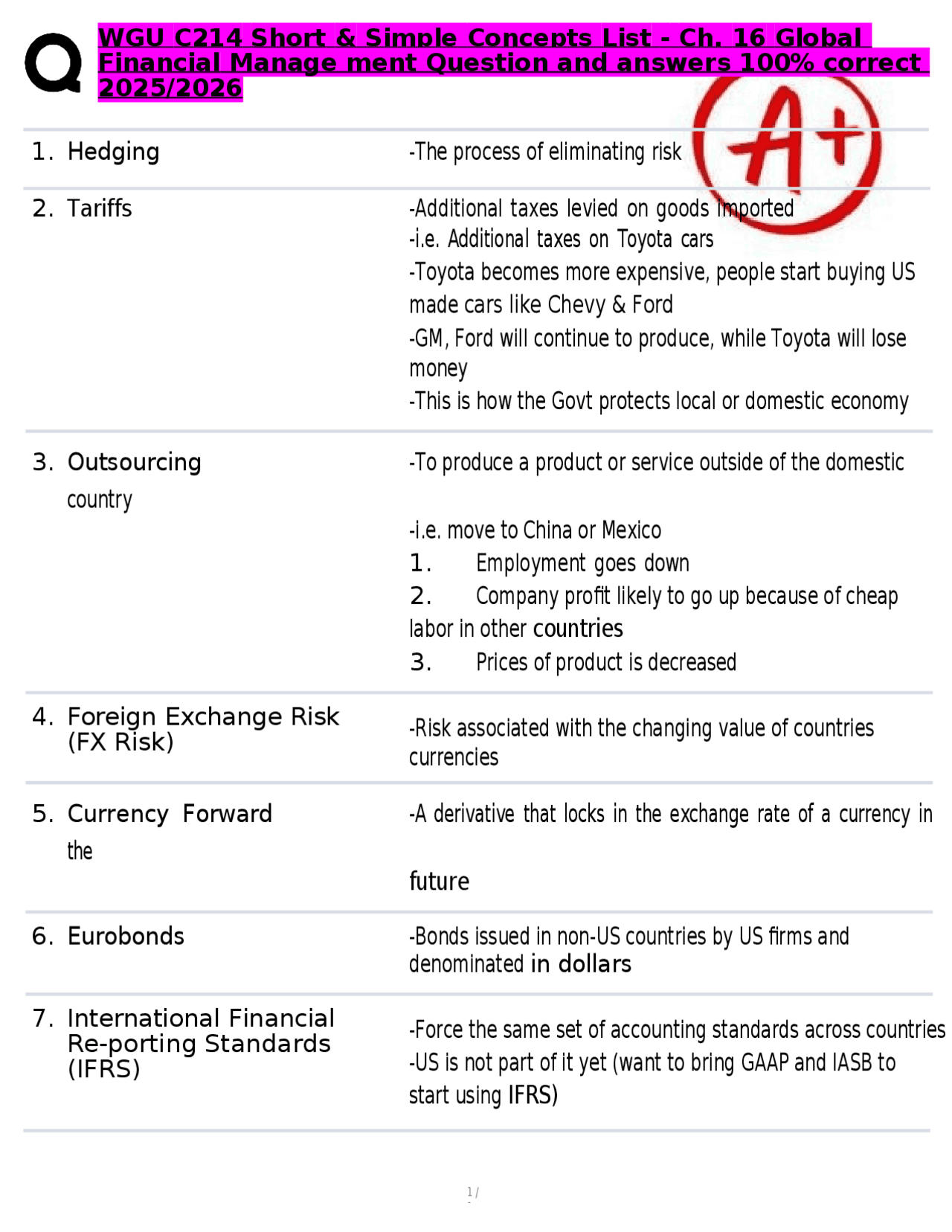 WGU C214 Short & Simple Concepts List - Ch. 16 Global Financial Manage ...
