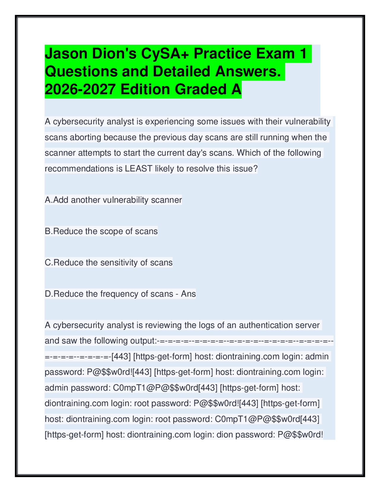 Jason Dion's CySA+ Practice Exam 1 Questions & Answers. 2026-2027 ...