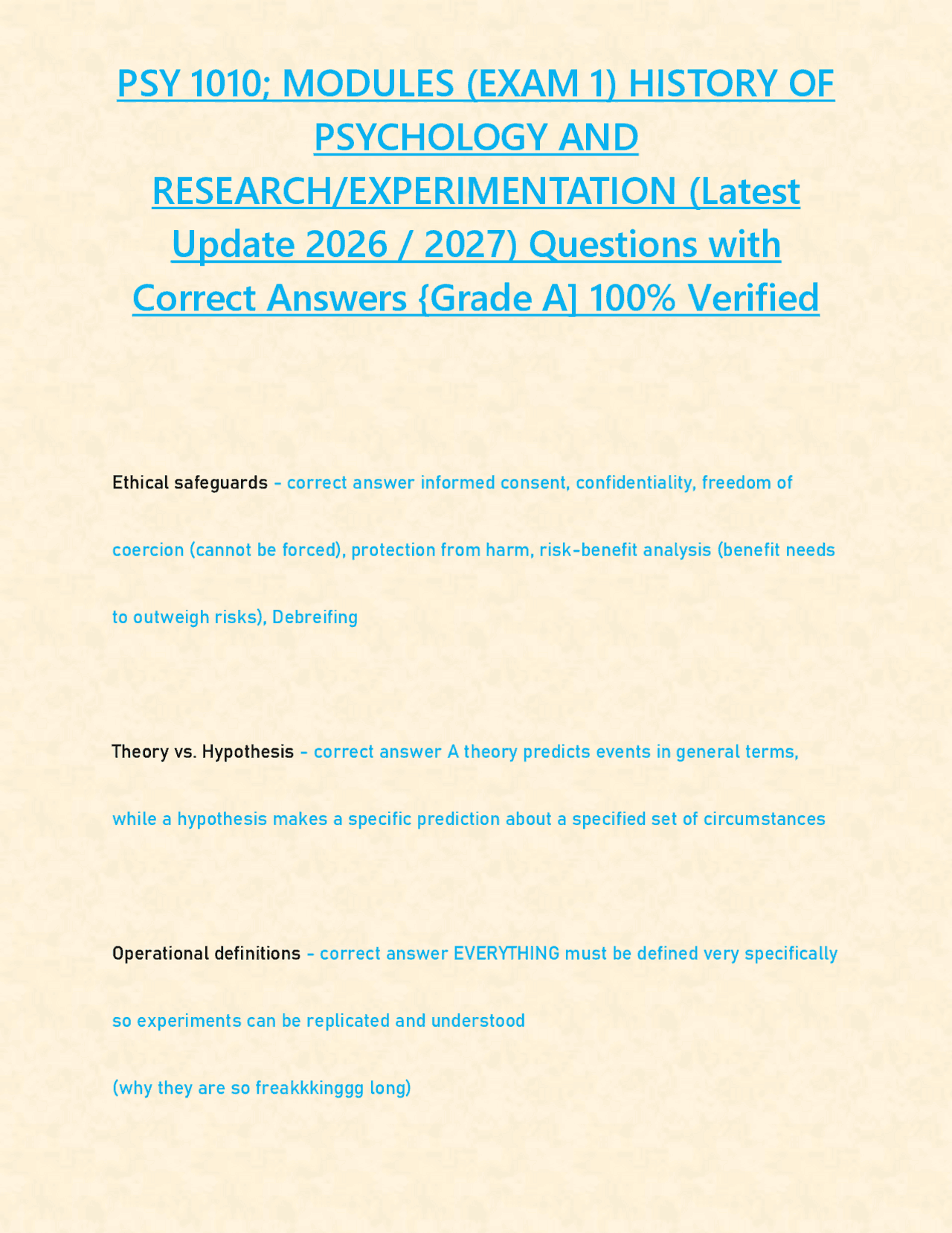 PSY 1010; MODULES (EXAM 1) HISTORY OF PSYCHOLOGY AND RESEARCH ...