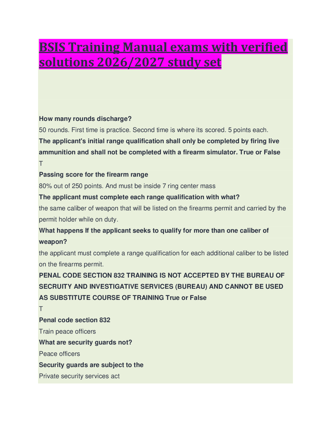 BSIS Training Manual exams with verified solutions 2026/2027 study set ...