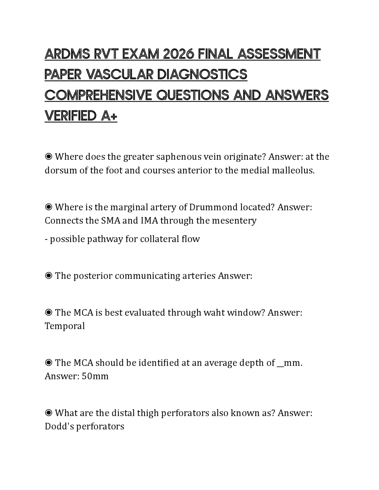 ARDMS RVT EXAM 2026 FINAL ASSESSMENT PAPER VASCULAR DIAGNOSTICS ...