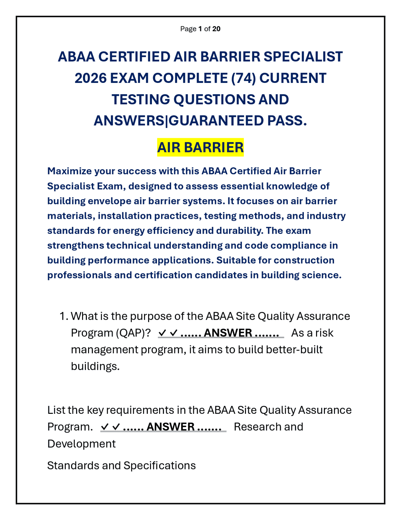 ABAA CERTIFIED AIR BARRIER SPECIALIST 2026 EXAM QUESTION AND ANSWER ...