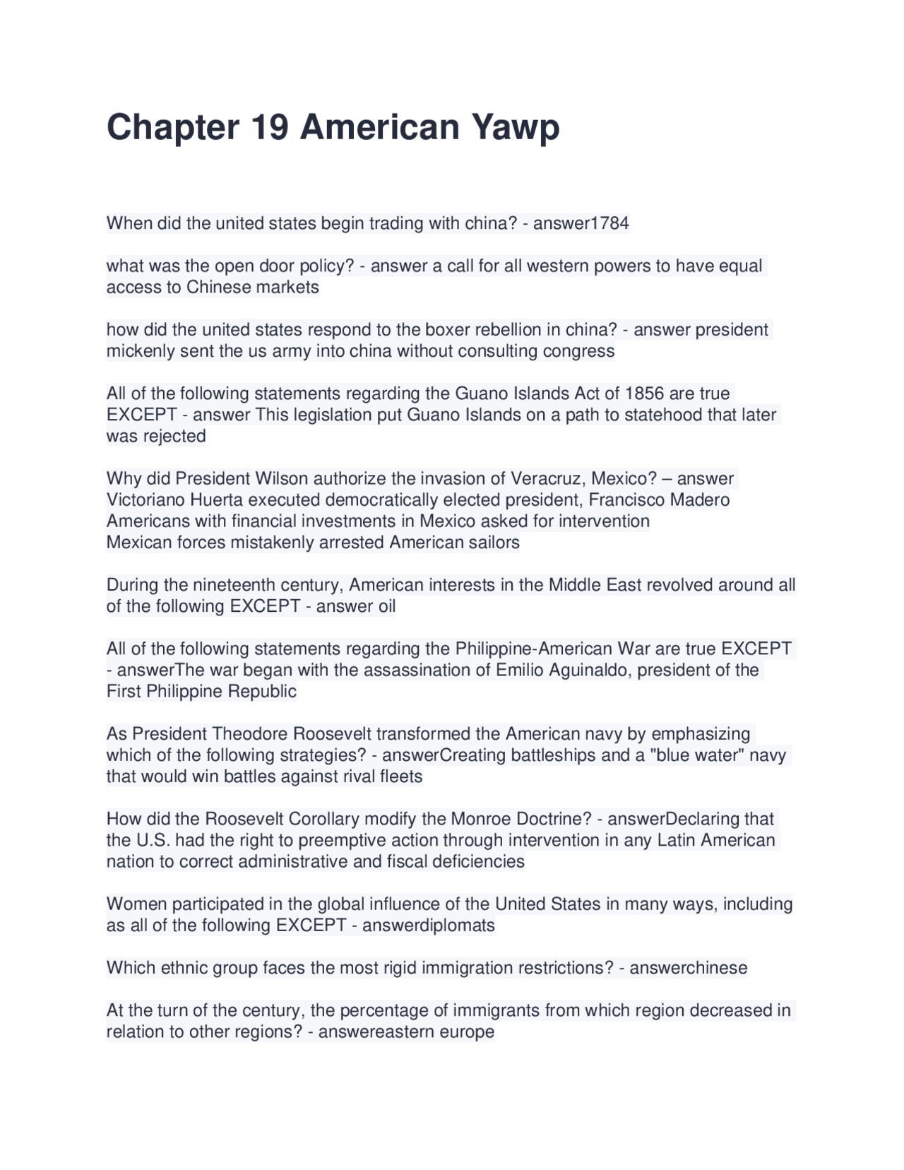 Chapter 19 American Yawp Questions with Solutions | Exams Advanced