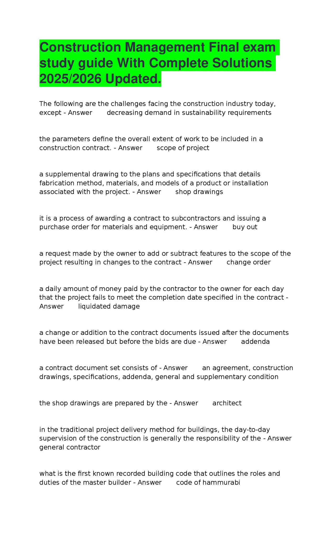 Construction Management Final exam study guide With Complete Solutions ...