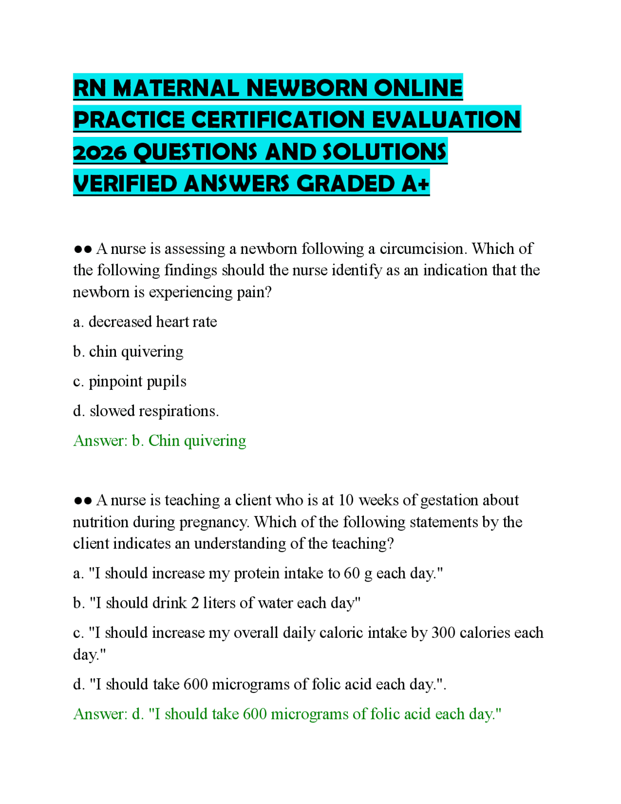 RN MATERNAL NEWBORN ONLINE PRACTICE CERTIFICATION EVALUATION 2026 QUESTIONS AND SOLUTIONS ...