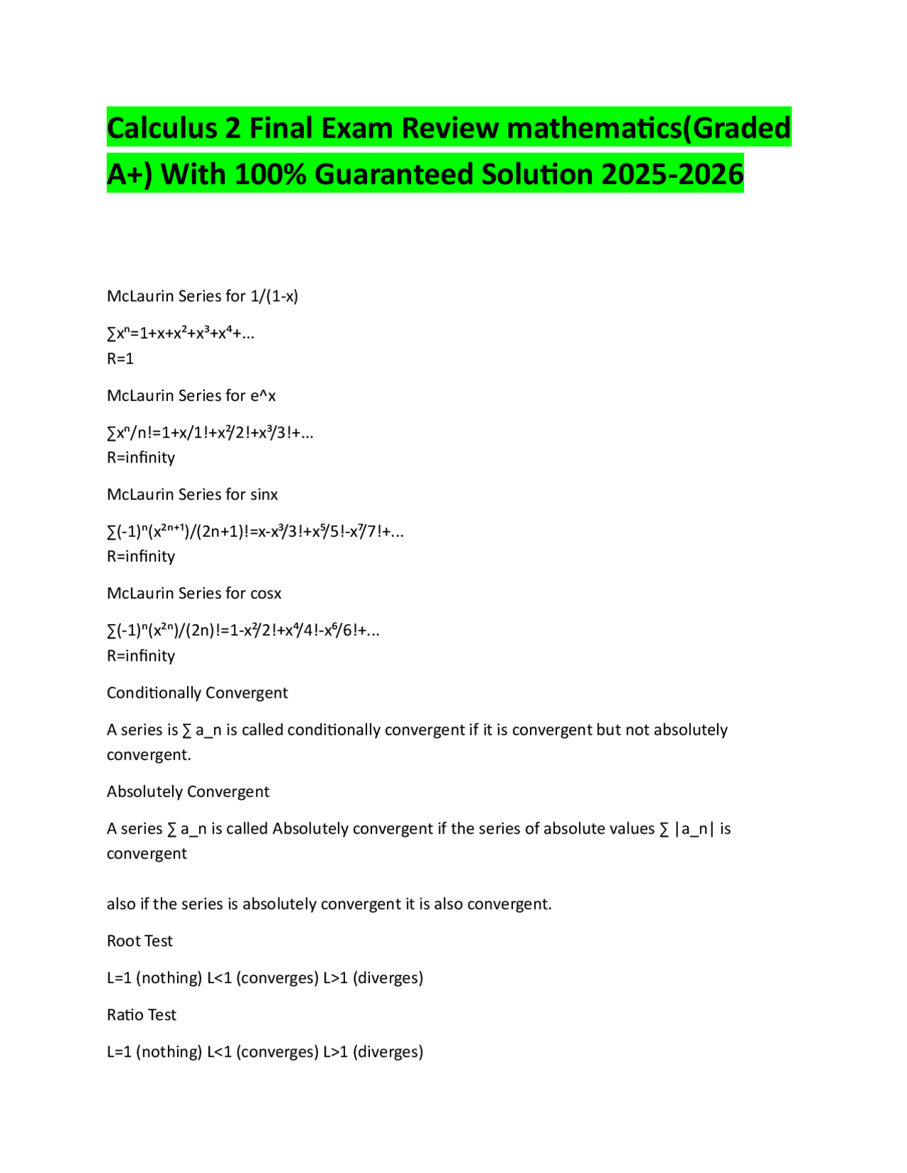Calculus 2 Final Exam Review mathematics(Graded A+) With 100% ...