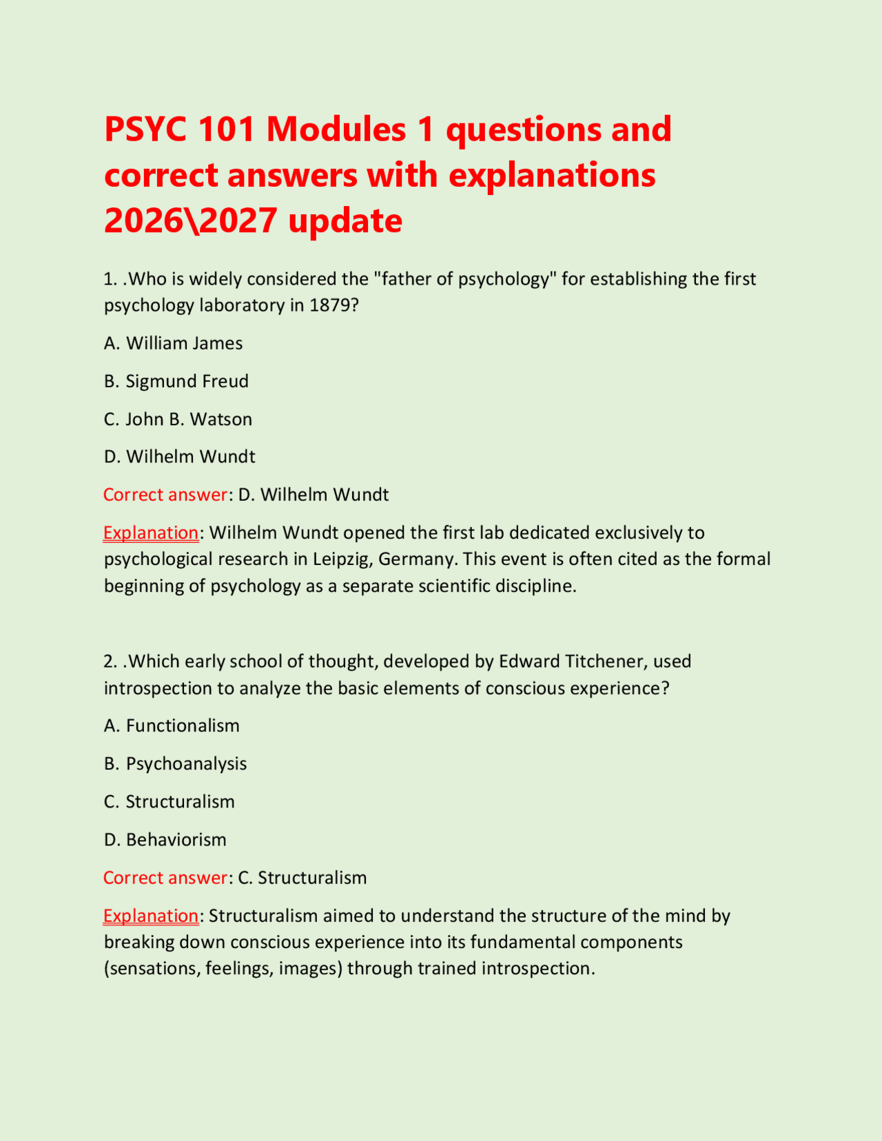 PSYC 101 Modules 1 Exam: Practice Questions & Answers with Explanations ...