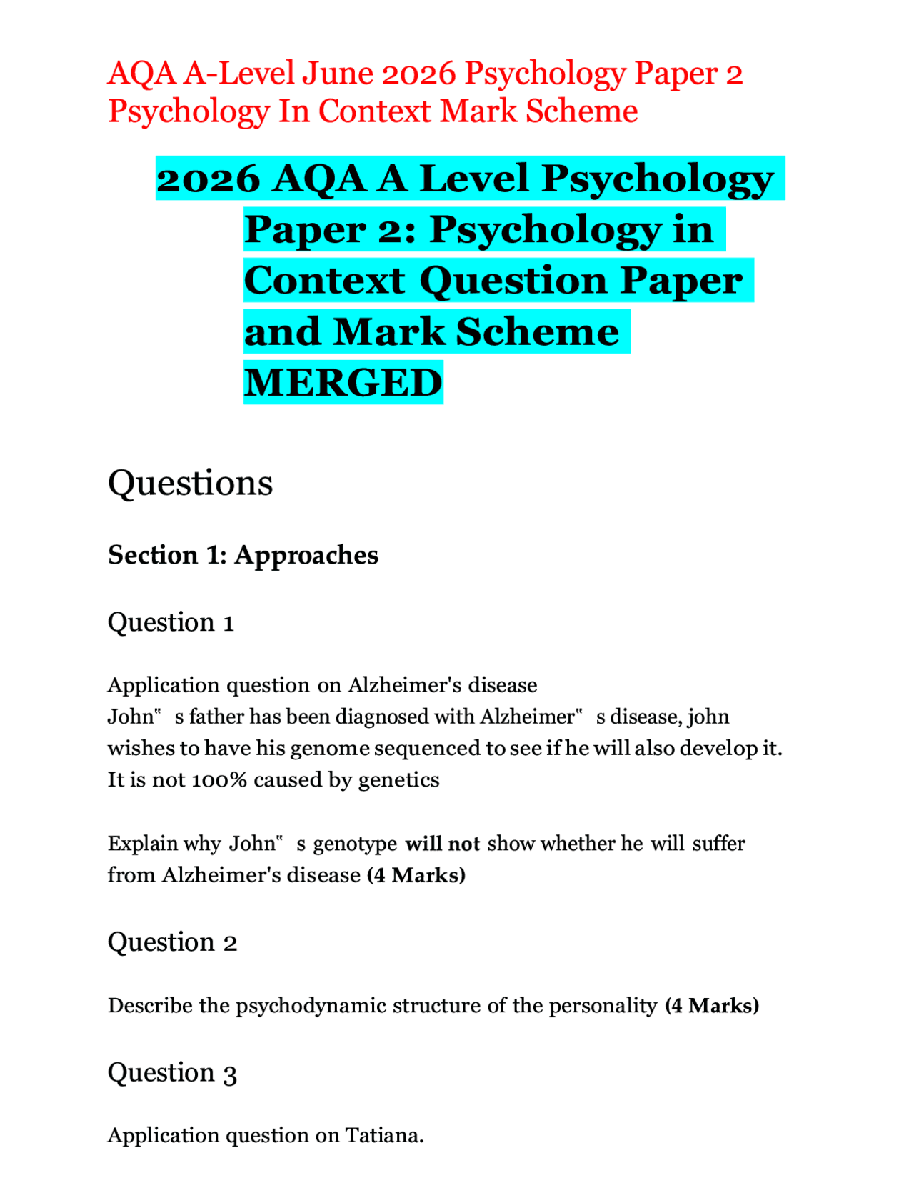 2026 AQA A Level Psychology Paper 2: Psychology in Context Question ...