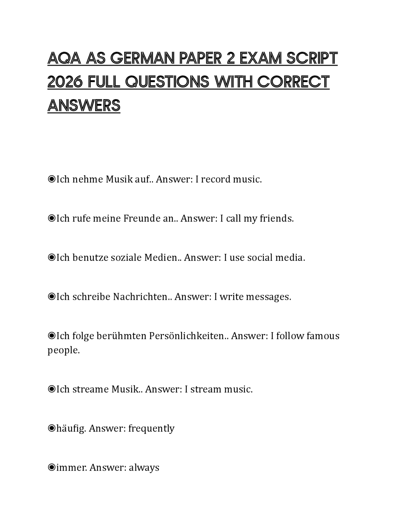 AQA AS GERMAN PAPER 2 EXAM SCRIPT 2026 FULL QUESTIONS WITH CORRECT ...