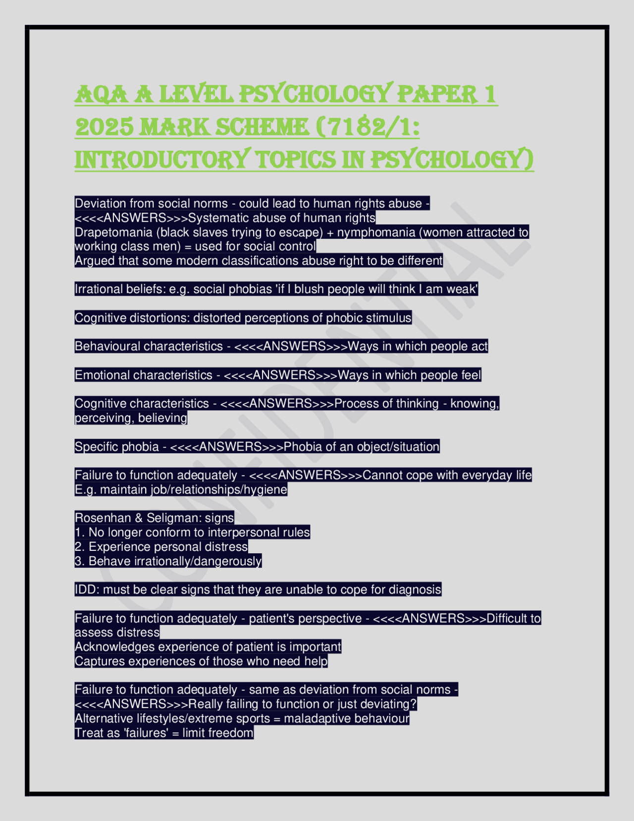 AQA A LEVEL PSYCHOLOGY PAPER 1 2025 MARK SCHEME (7182/1: Introductory ...