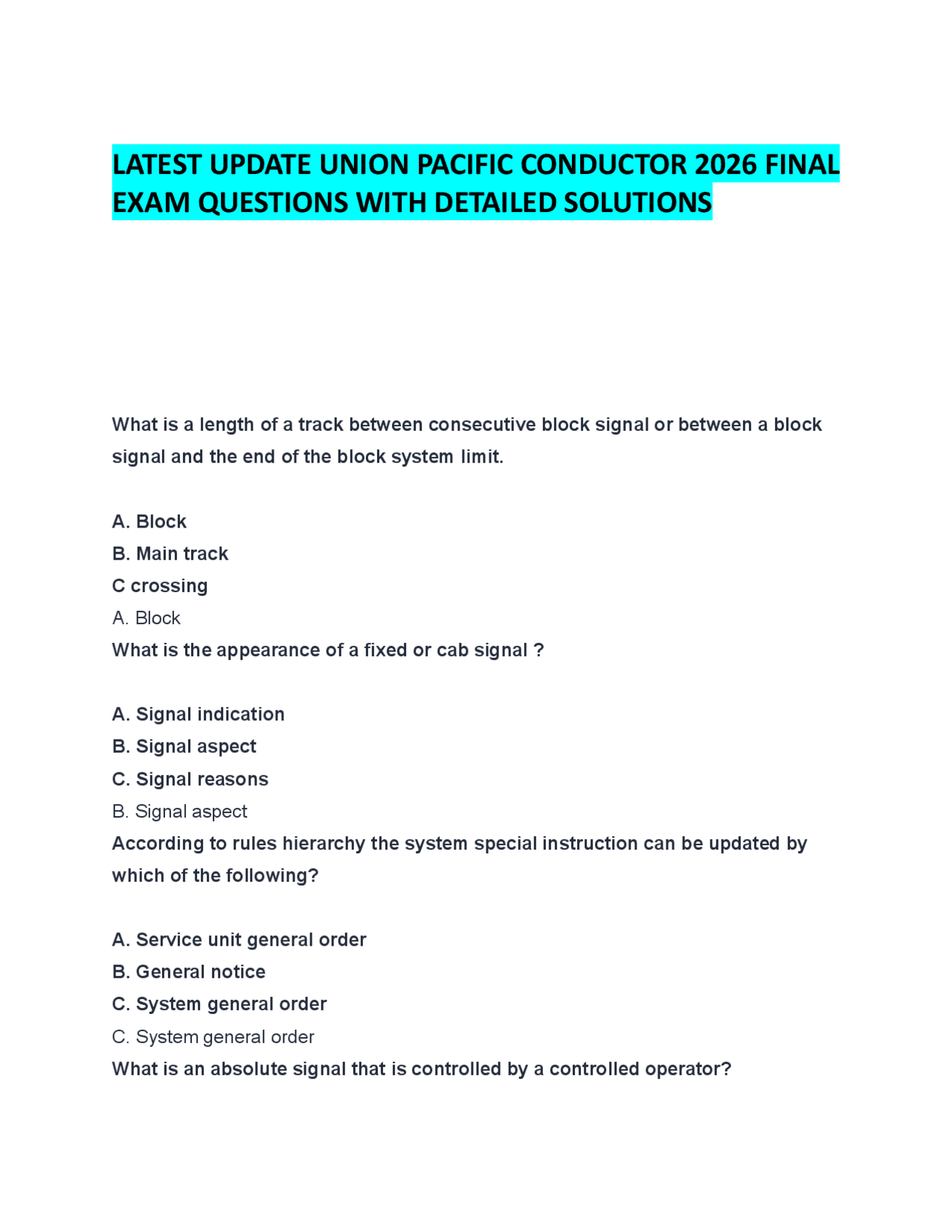 LATEST UPDATE UNION PACIFIC CONDUCTOR 2026 FINAL EXAM QUESTIONS WITH ...