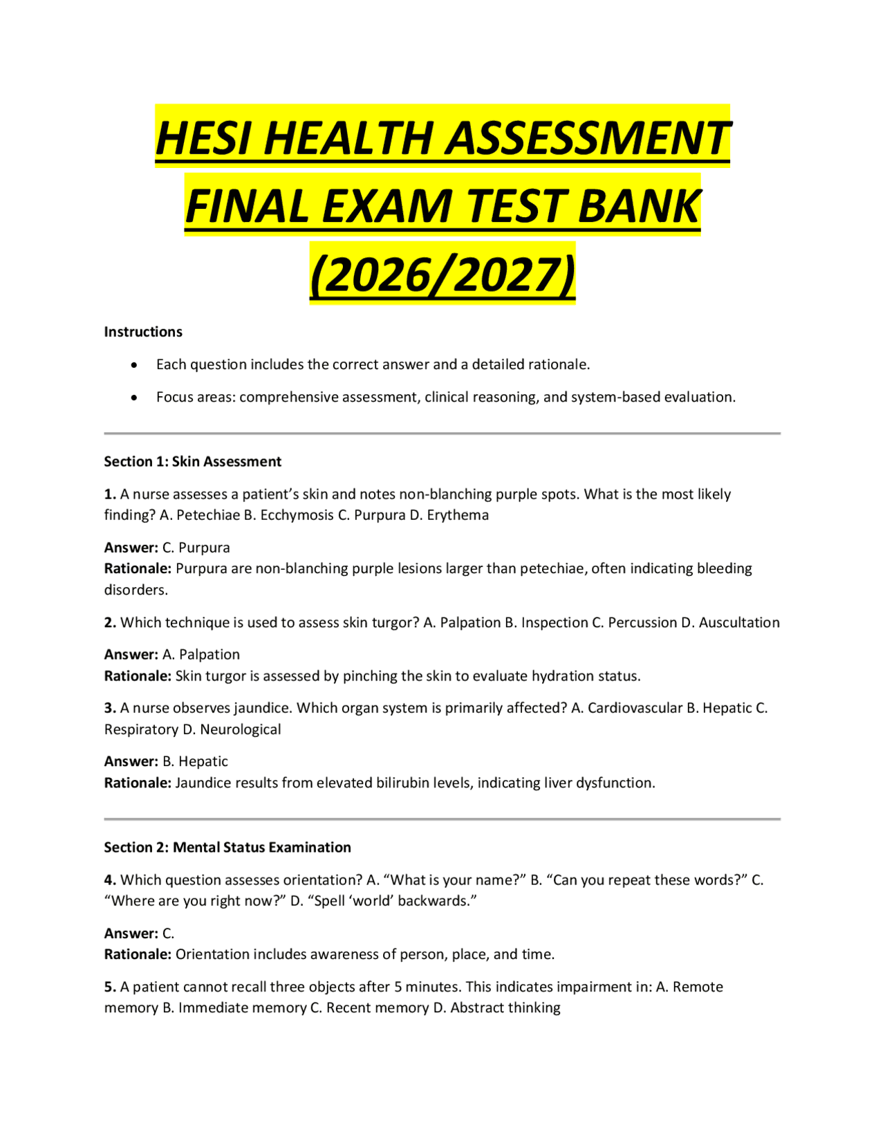 HESI Health Assessment Final Exam Test Bank (2026-2027) | Exams Nursing ...