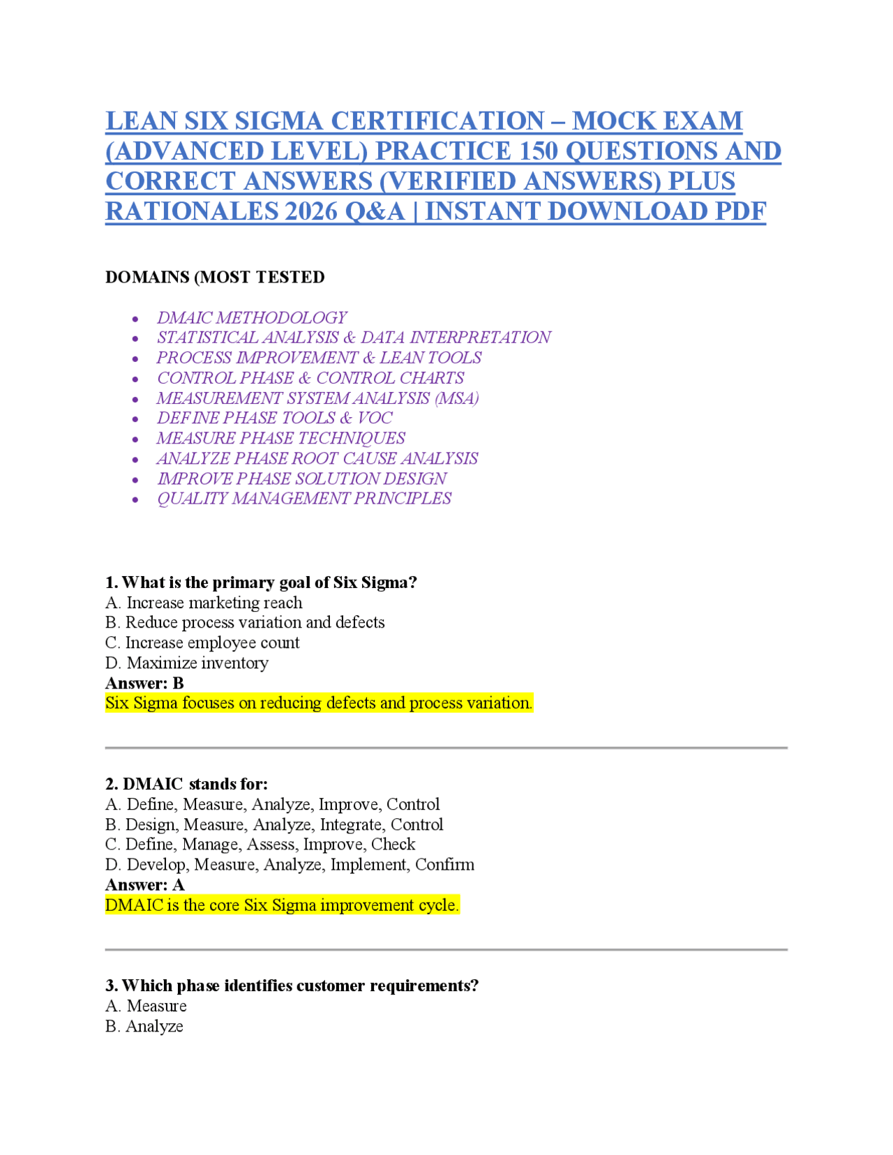 LEAN SIX SIGMA CERTIFICATION – MOCK EXAM (ADVANCED LEVEL) PRACTICE 150 ...