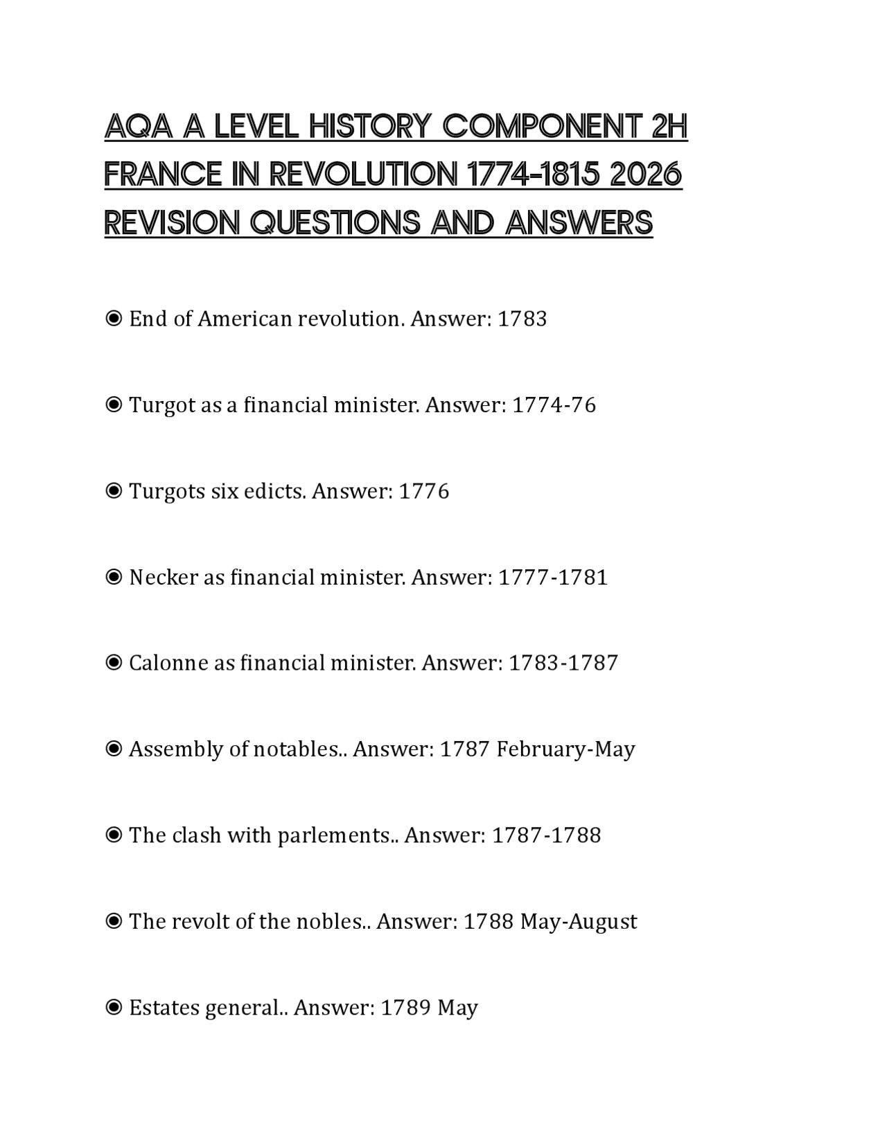 AQA A LEVEL HISTORY COMPONENT 2H FRANCE IN REVOLUTION 1774–1815 2026 ...