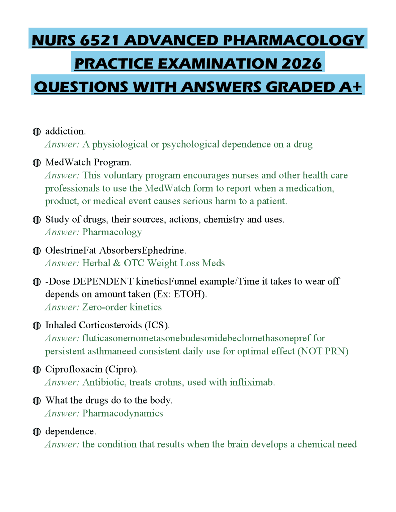 NURS 6521 ADVANCED PHARMACOLOGY PRACTICE EXAMINATION 2026 QUESTIONS ...