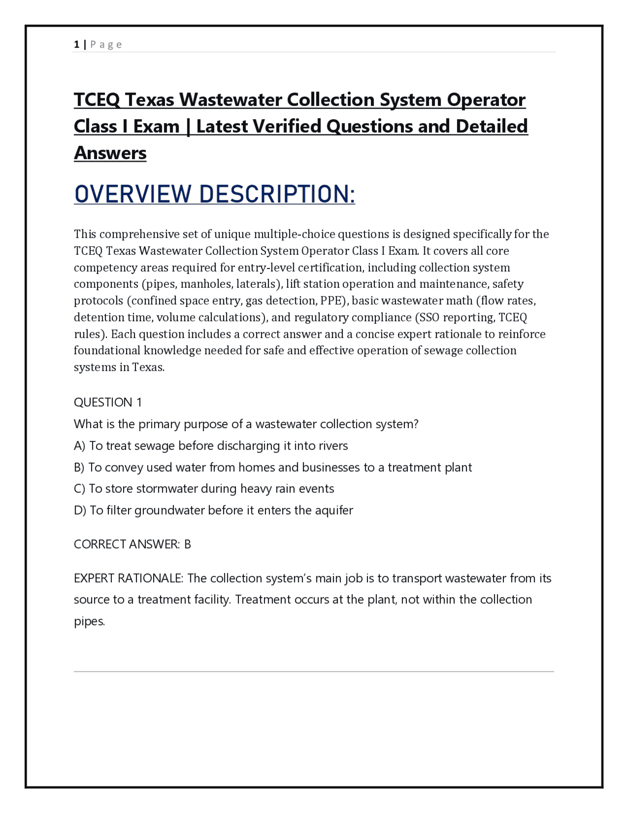Collection System Operator TCEQ Texas Wastewater Collection System Operator Class I Exam | Latest ...