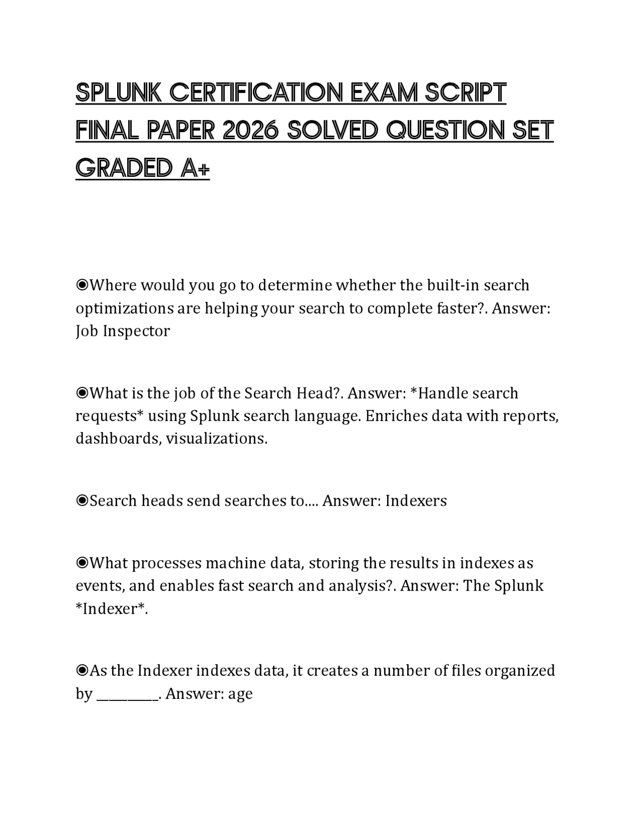 SPLUNK CERTIFICATION EXAM SCRIPT FINAL PAPER 2026 SOLVED QUESTION SET ...