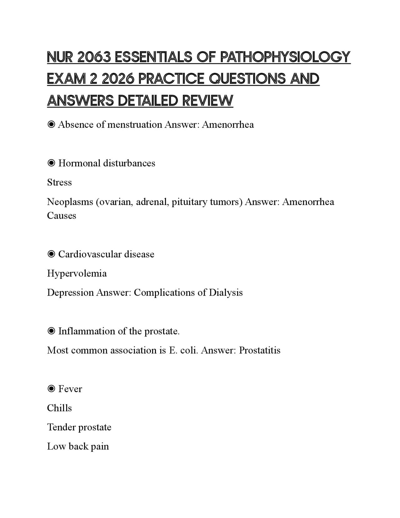 NUR 2063 ESSENTIALS OF PATHOPHYSIOLOGY EXAM 2 2026 PRACTICE QUESTIONS ...