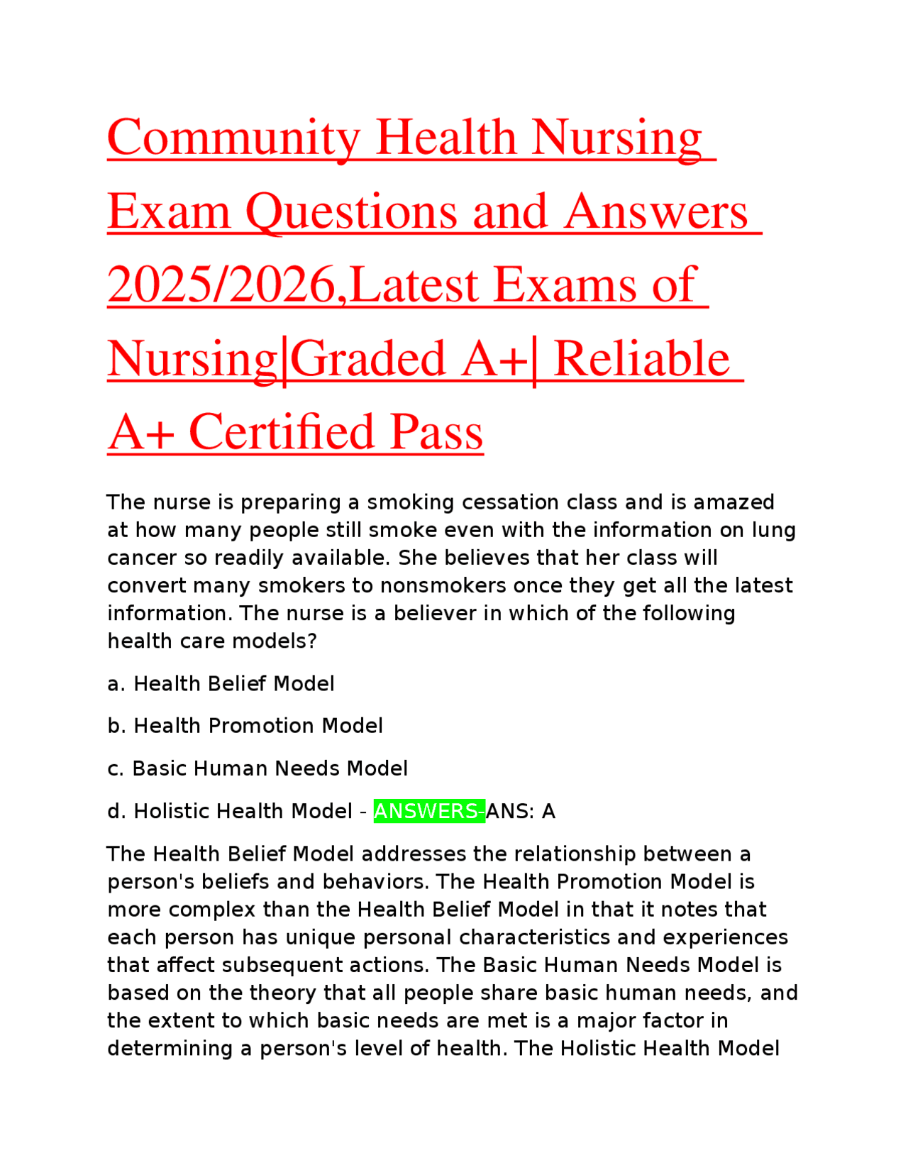 Community Health Nursing Exam Questions and Answers 2025/2026,Latest ...