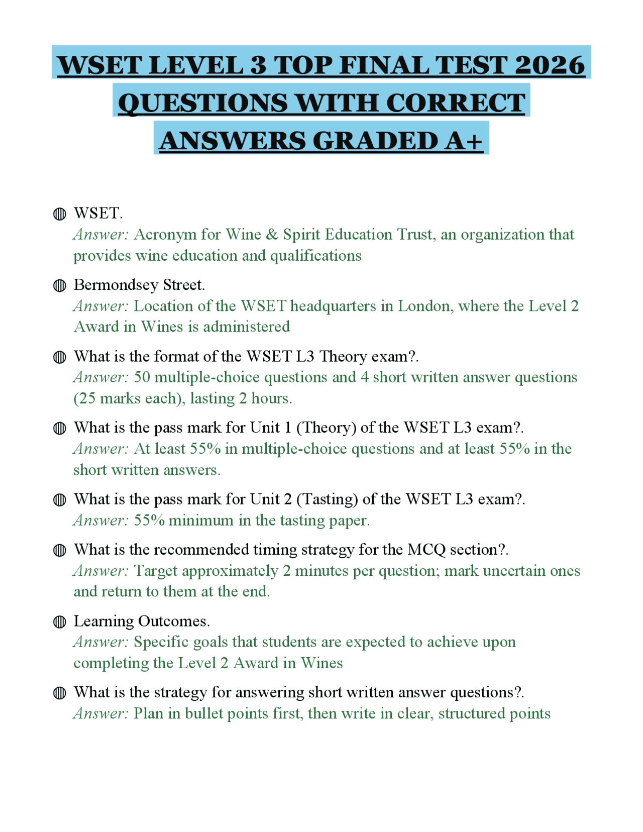 WSET LEVEL 3 TOP FINAL TEST 2026 QUESTIONS WITH CORRECT ANSWERS GRADED ...