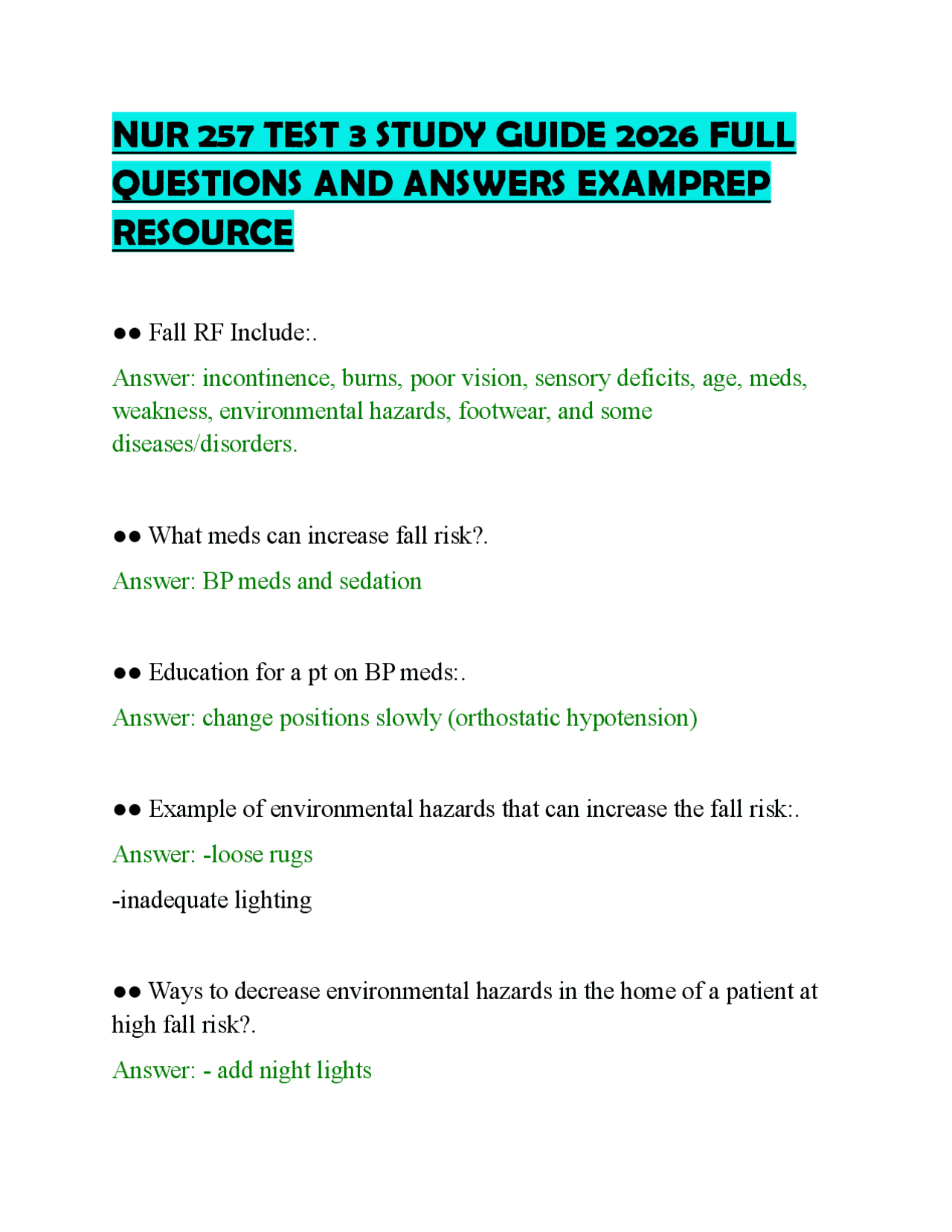 NUR 257 TEST 3 STUDY GUIDE 2026 FULL QUESTIONS AND ANSWERS EXAMPREP ...
