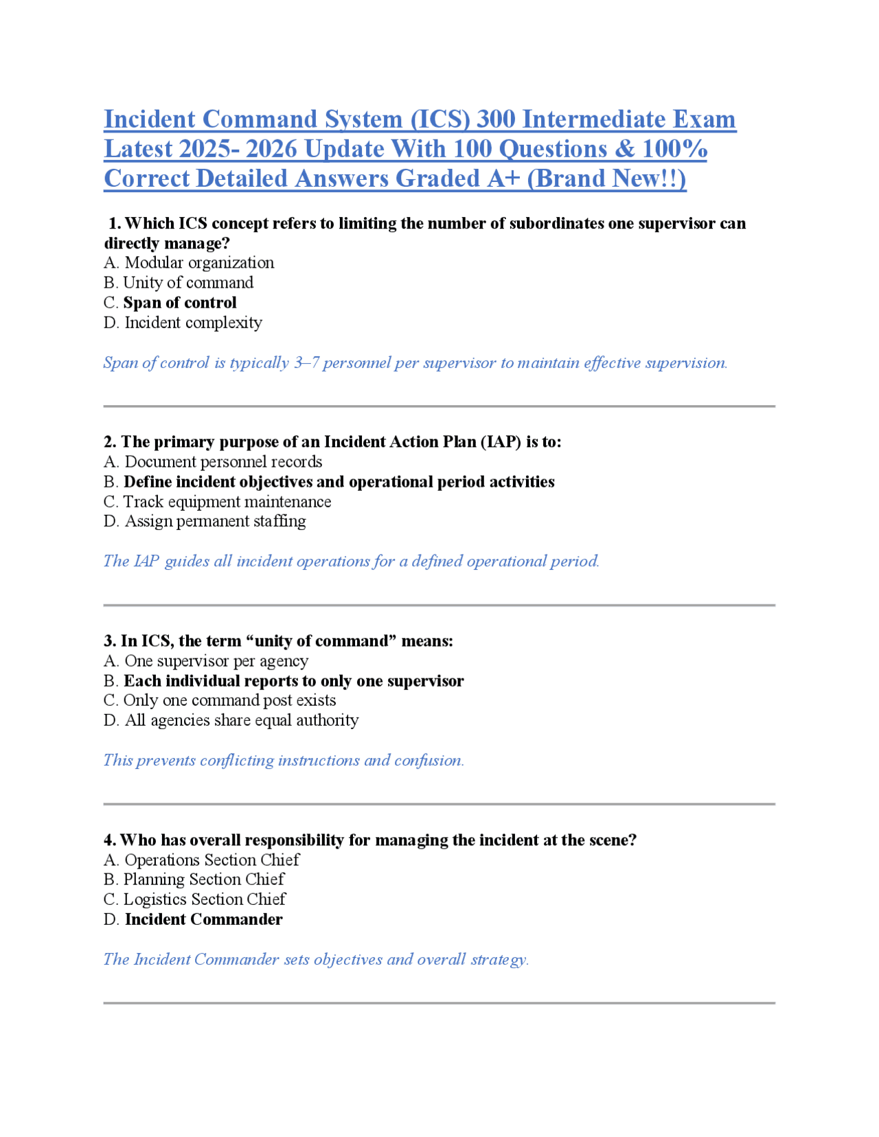 Incident Command System (ICS) 300 Intermediate Exam Latest 2025- 2026 ...