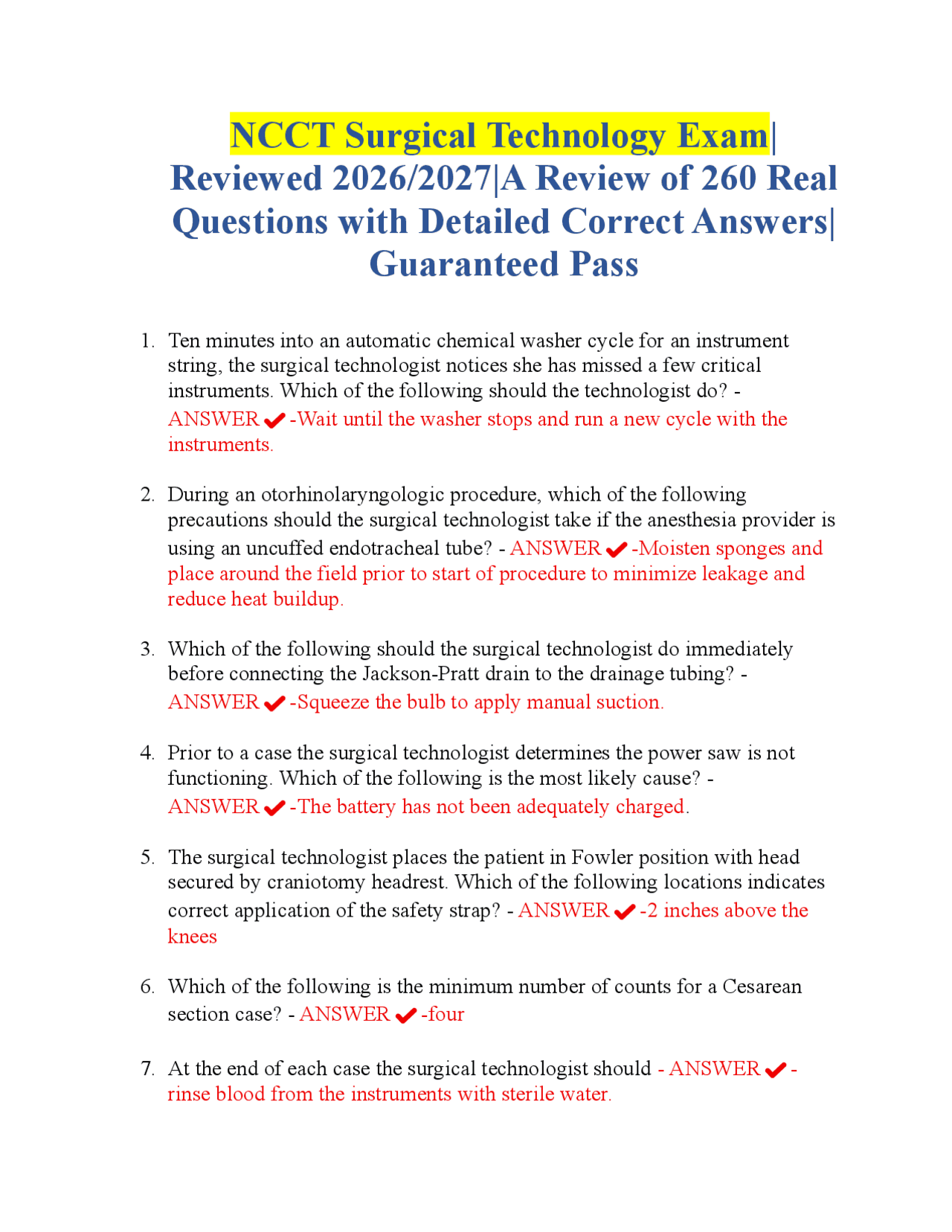 NCCT Surgical Technology Exam Prep 2026: 260+ Questions & Answers ...