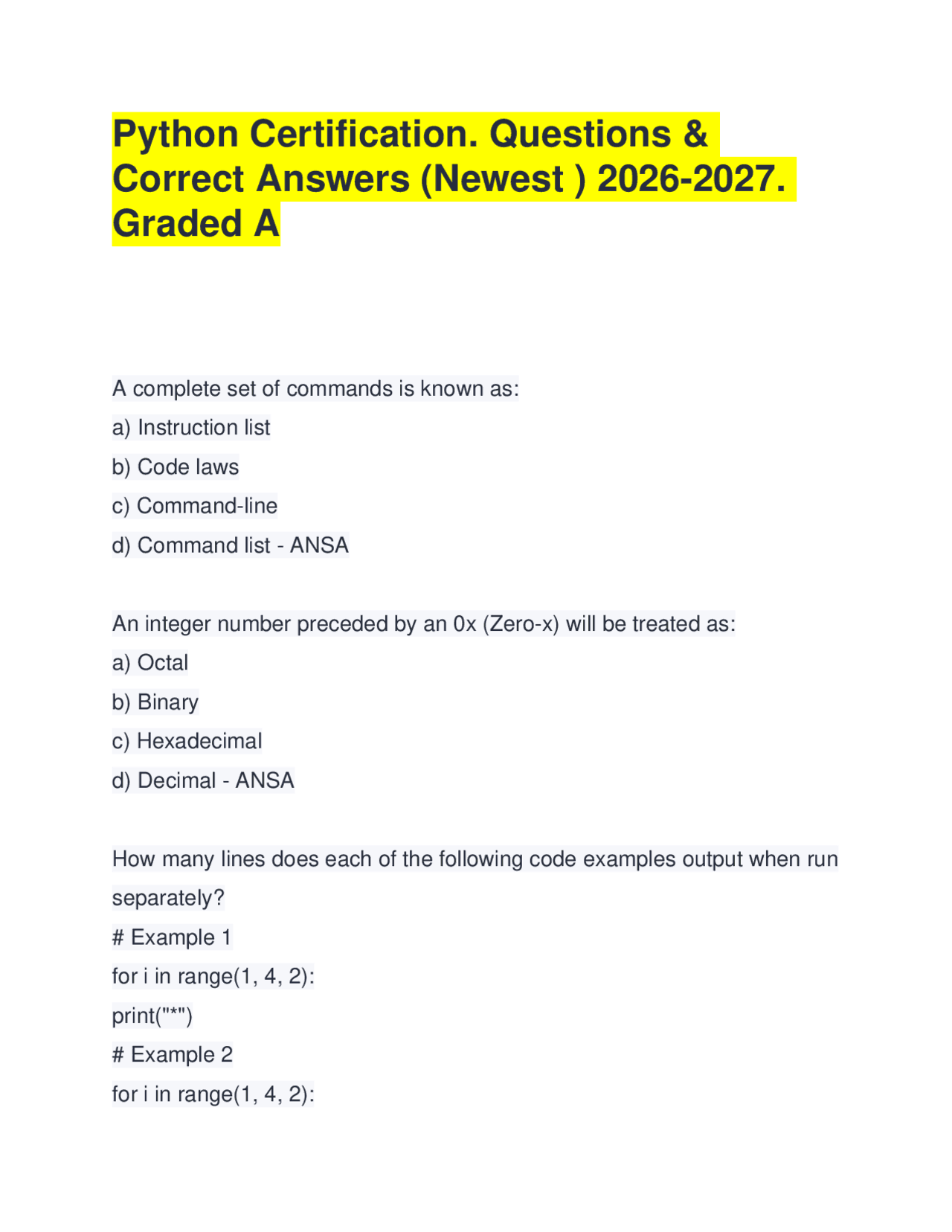 Python Certification. Questions & Correct Answers (Newest ) 2026-2027 ...