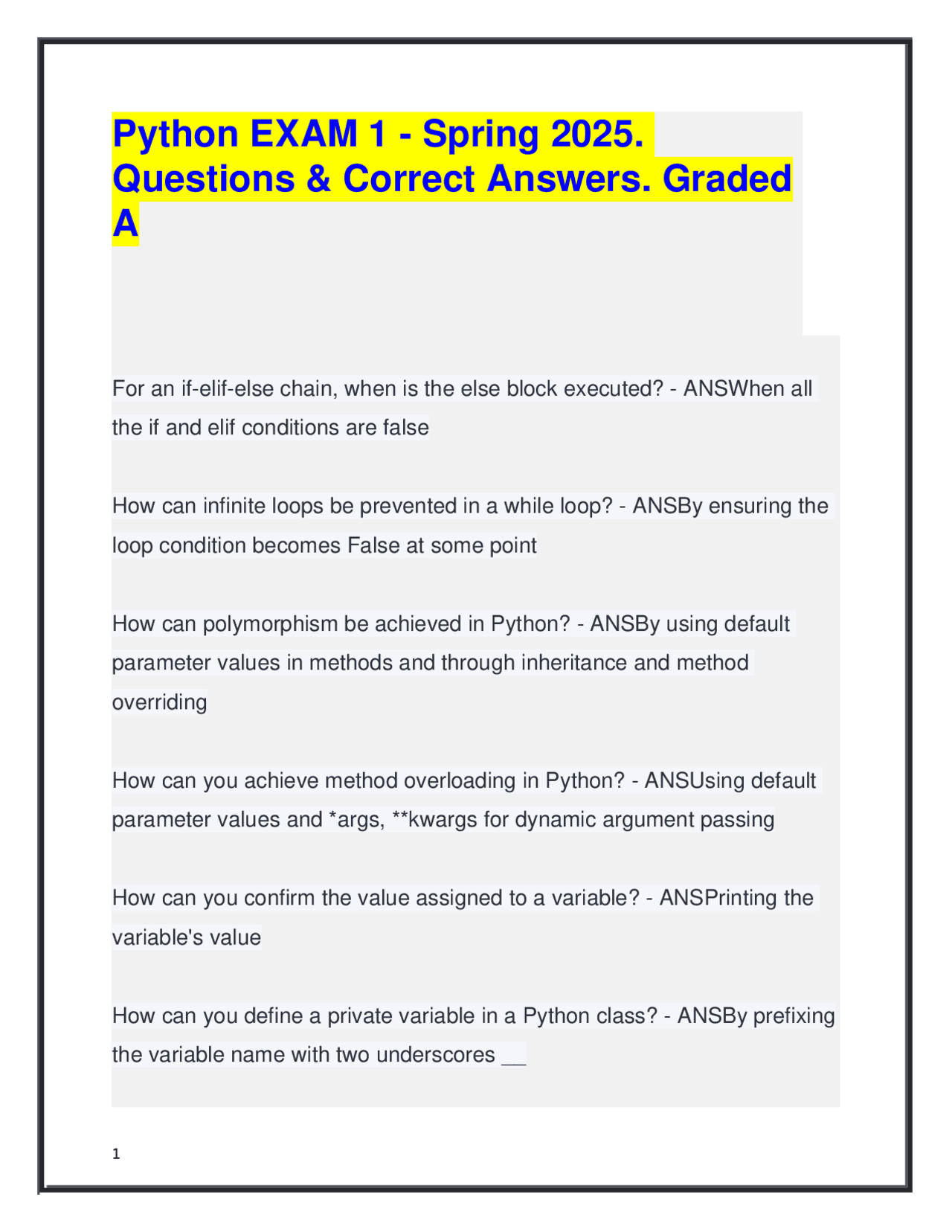 Python EXAM 1 - Spring 2025. Questions & Correct Answers. Graded A ...