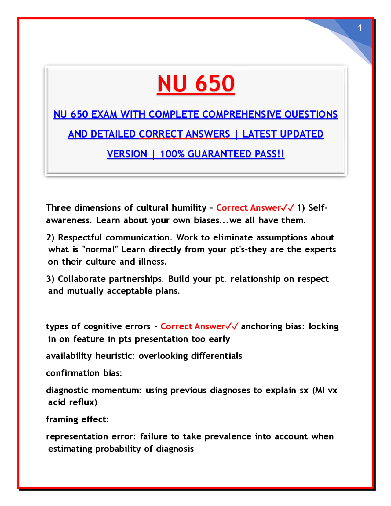 NU 650 EXAM WITH COMPLETE COMPREHENSIVE QUESTIONS AND DETAILED CORRECT ...