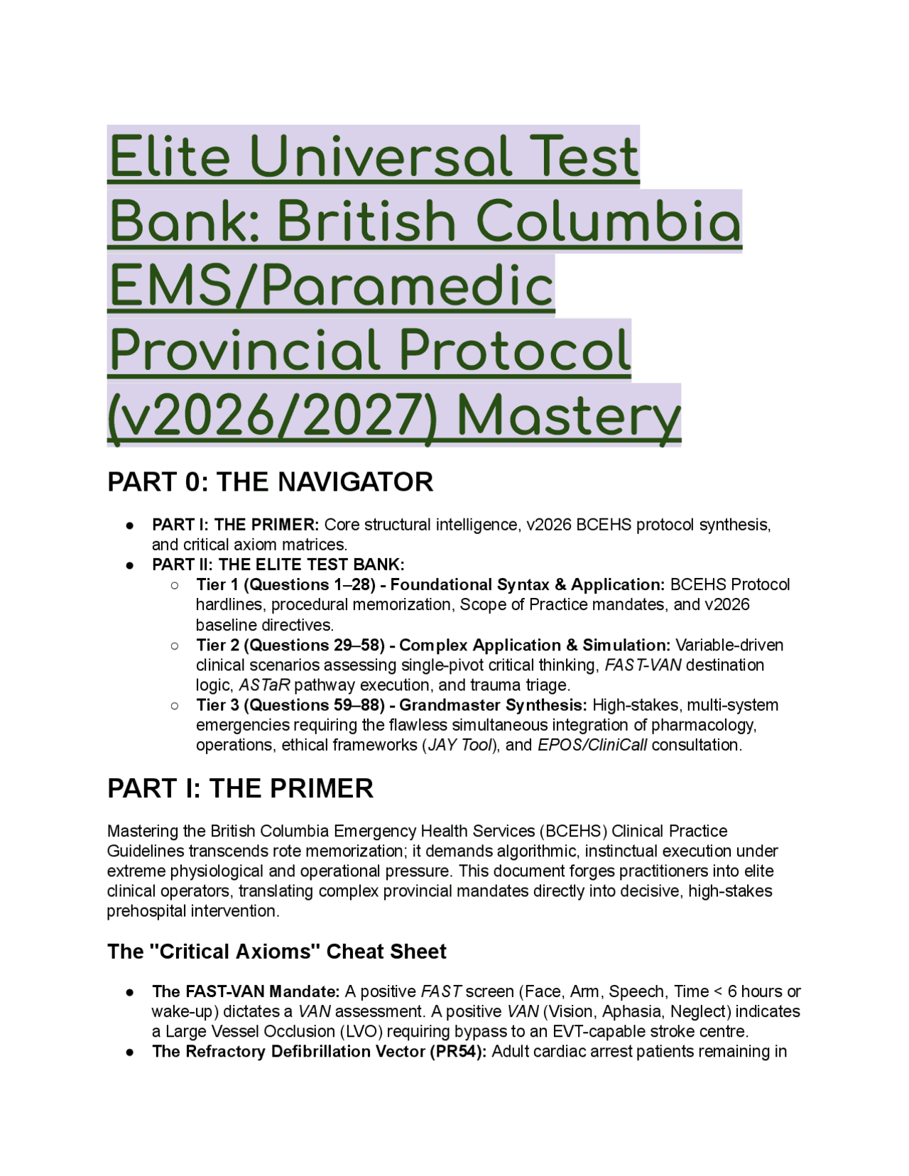 BCEHS BC Paramedic Protocol Test Bank 2026/2027: EMR PCP ACP Exam Prep ...