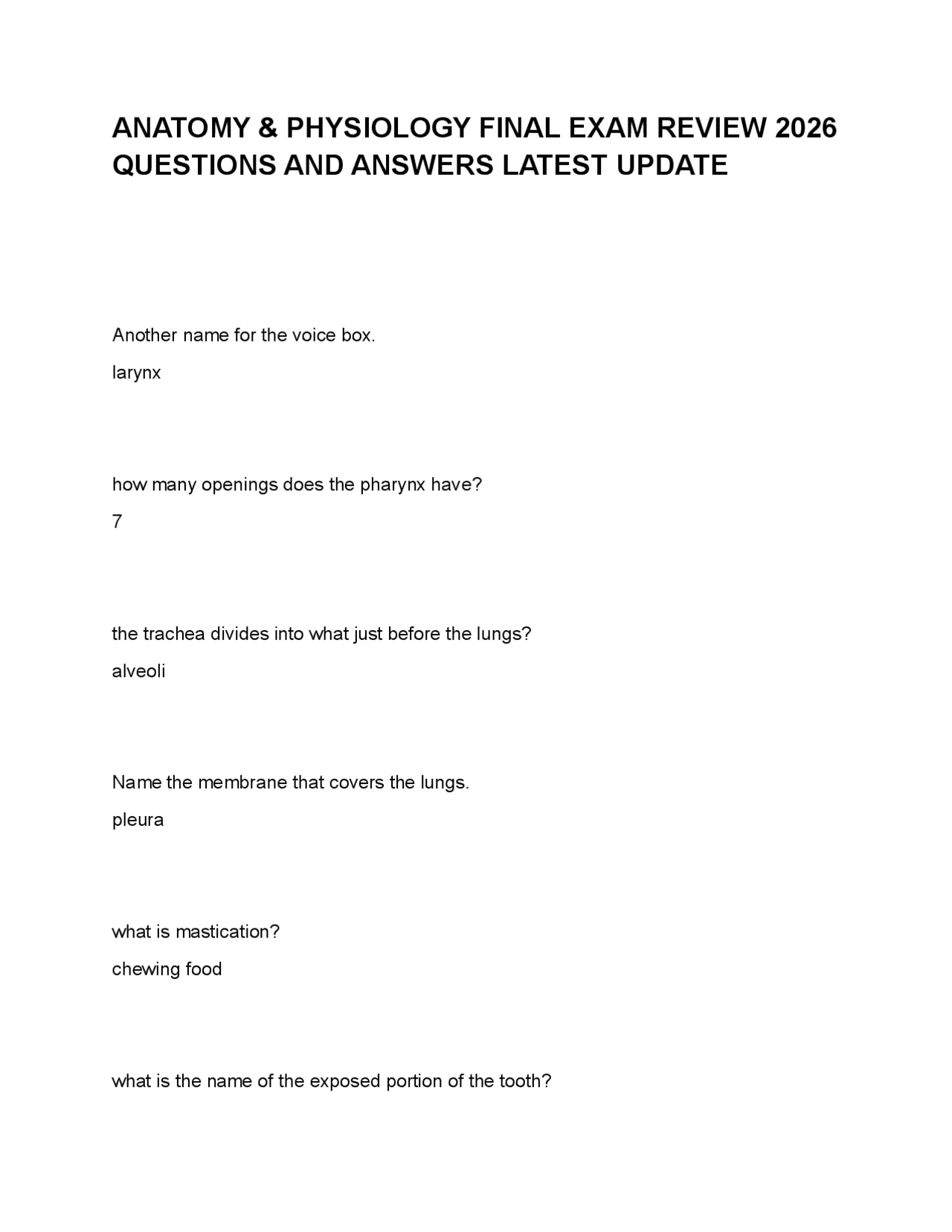 ANATOMY & PHYSIOLOGY FINAL EXAM REVIEW 2026 QUESTIONS AND ANSWERS ...