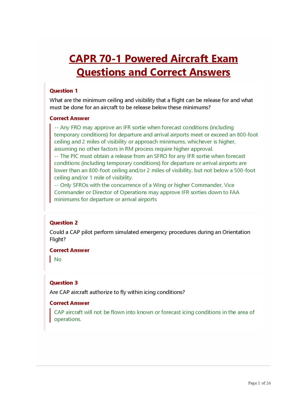 CAPR 70-1 Powered Aircraft Exam Questions and Correct Answers | Exams ...