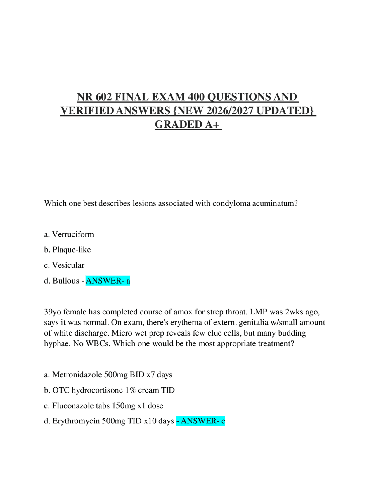 NR 602 FINAL EXAM 400 QUESTIONS AND VERIFIED ANSWERS {NEW 2026/2027 ...